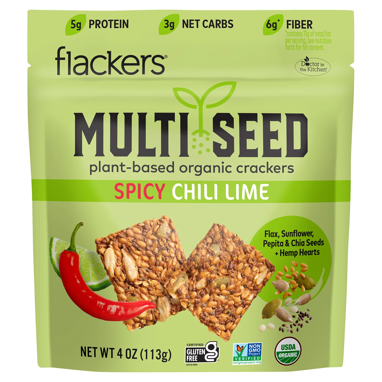 Flackers, Multi Seed, органические крекеры на растительной основе, пряный перец чили и лайм, 113 г (4 унции)