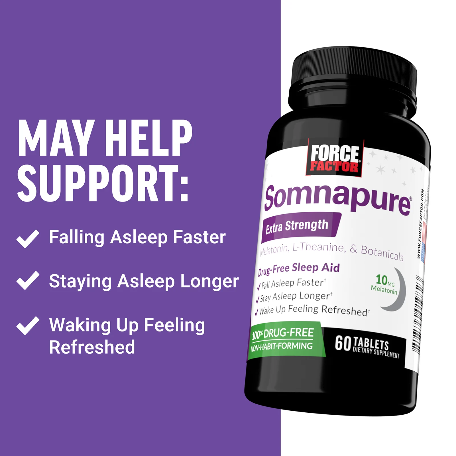 Force Factor, Somnapure, мелатонин с повышенной силой действия, L-теанин и растительные ингредиенты, 60 таблеток