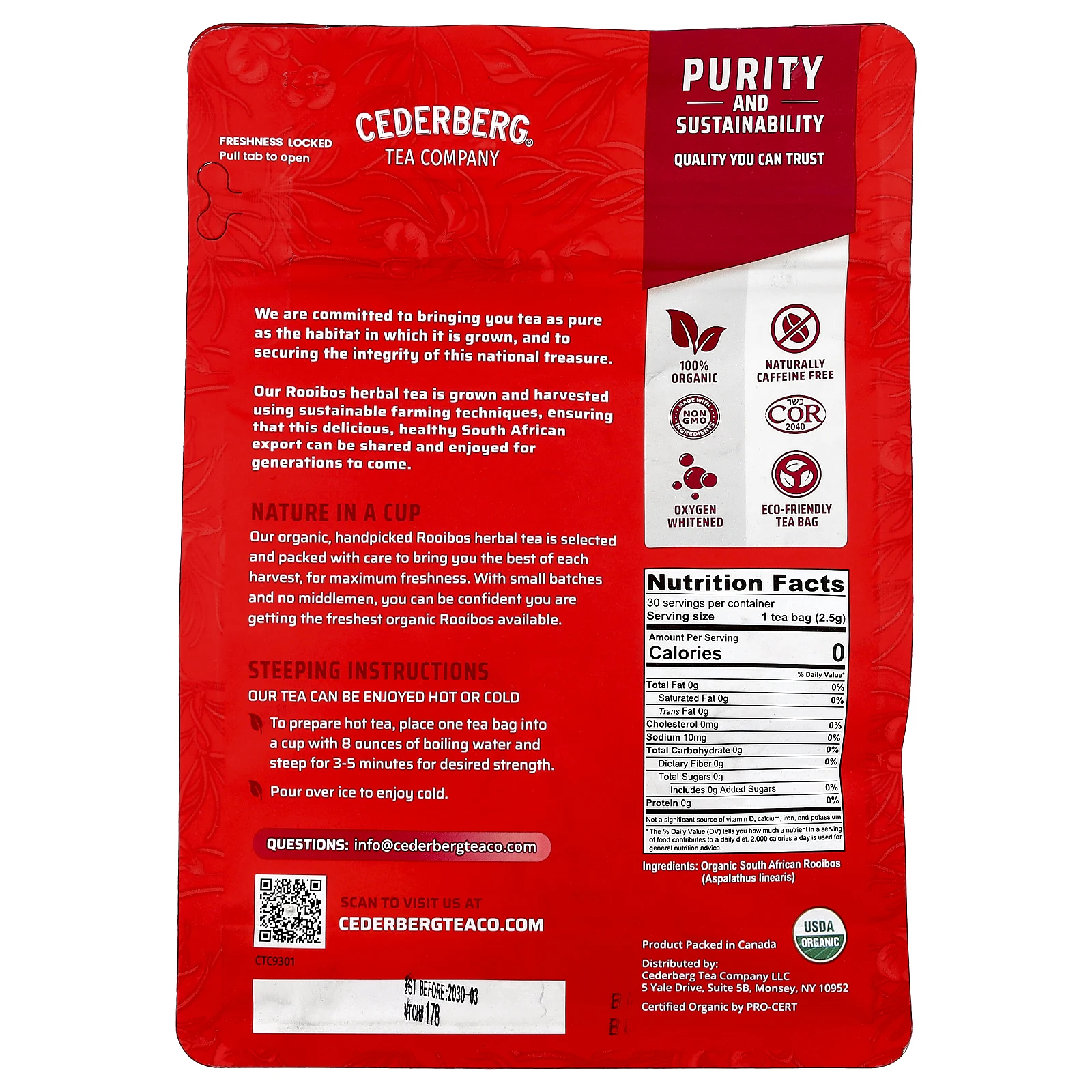 Cederberg Tea Co, органический южноафриканский травяной чай, красный ройбуш, без кофеина, 30 чайных пакетиков, 75 г (2,6 унции)