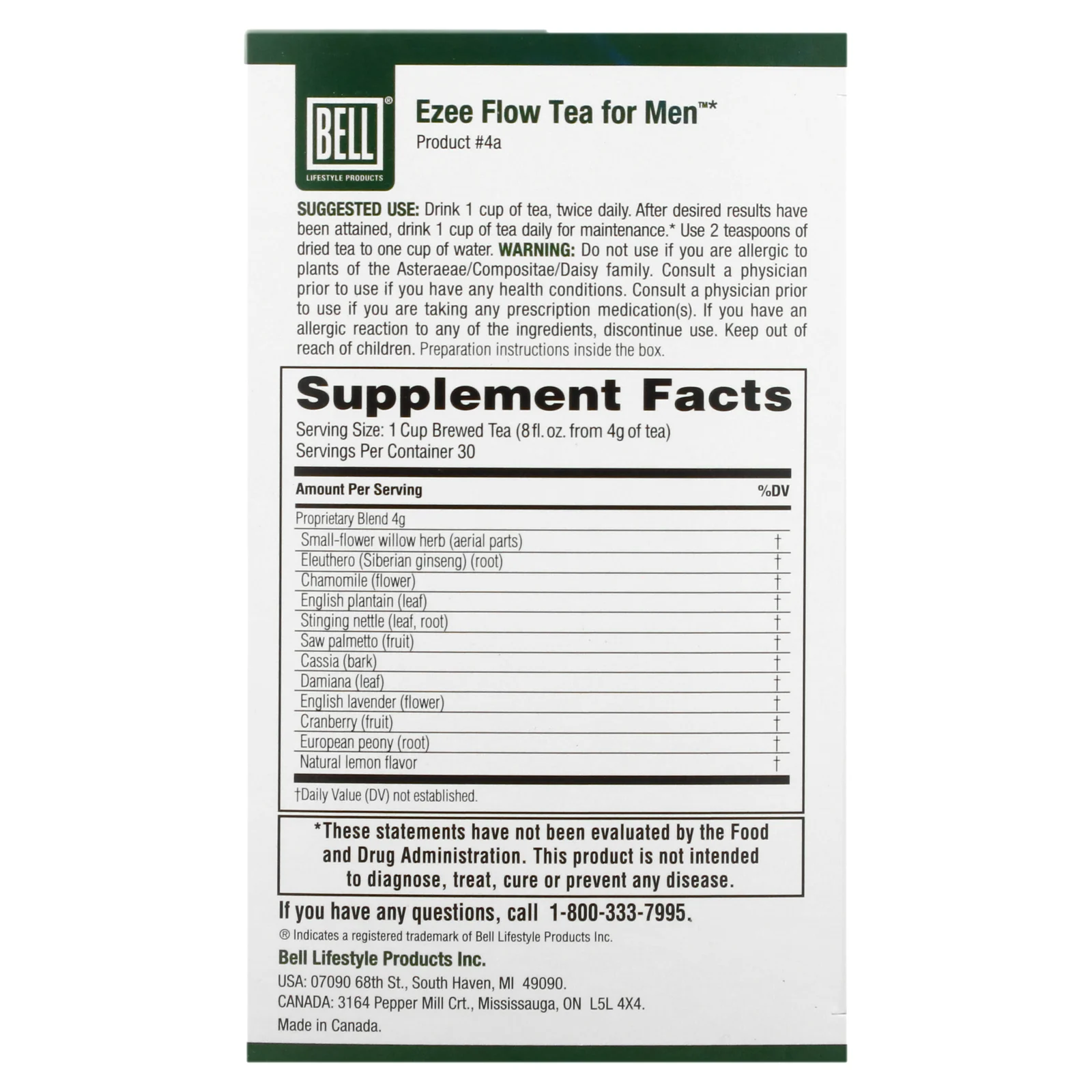 Bell Lifestyle, Чай Ezee Flow для мужчин, 120 г (4,2 унции)