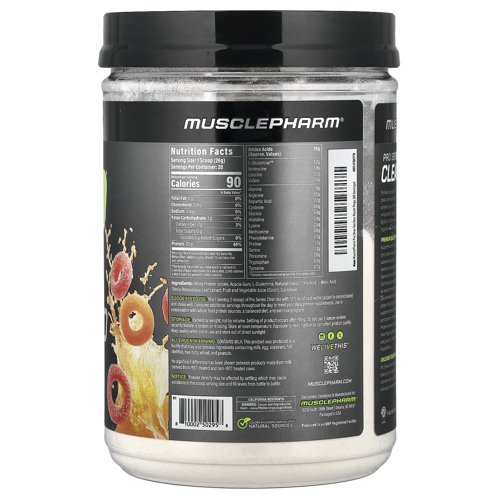 MusclePharm, Pro Series Clear-ISO, протеиновая смесь для приготовления напитка, кусочки кислого персика, 520 мг (1,14 фунта)