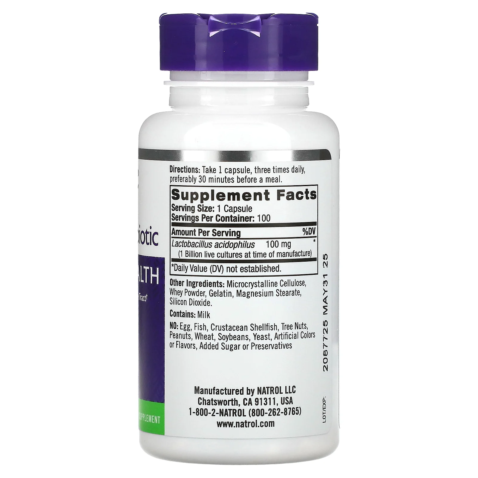 Natrol, пробиотик с ацидофильными бактериями, 1 млрд, 100 капсул