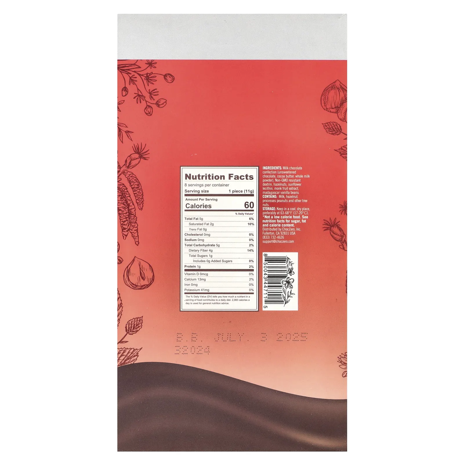 ChocZero, Keto Bark, молочный шоколад, фундук, 8 батончиков, 90 г (3,2 унции)