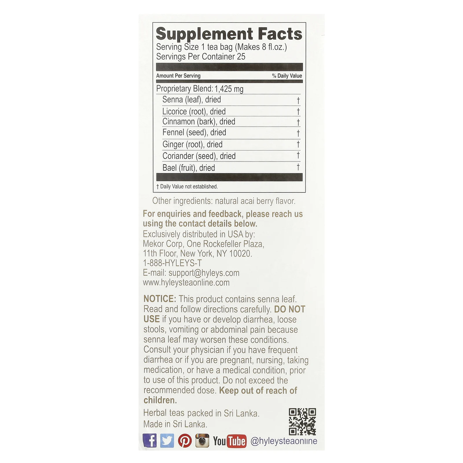 Hyleys Tea, Colon Cleanse, ягоды асаи, без кофеина, 25 чайных пакетиков в фольгированной упаковке, по 1,5 г (0,05 унции)