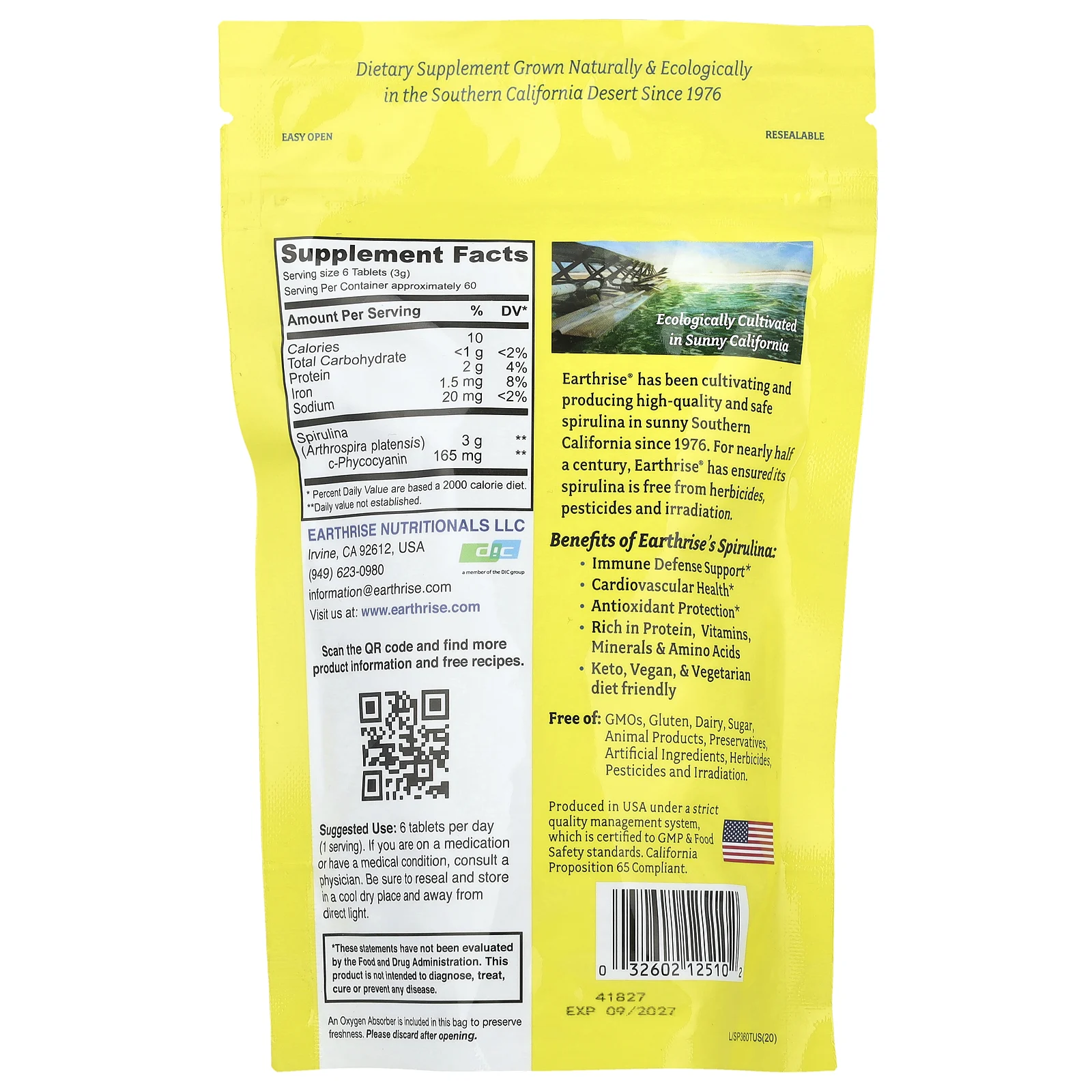Earthrise, 100% спирулина, выращенная в Калифорнии, 3000 мг, 360 таблеток (500 мг в одной таблетке)