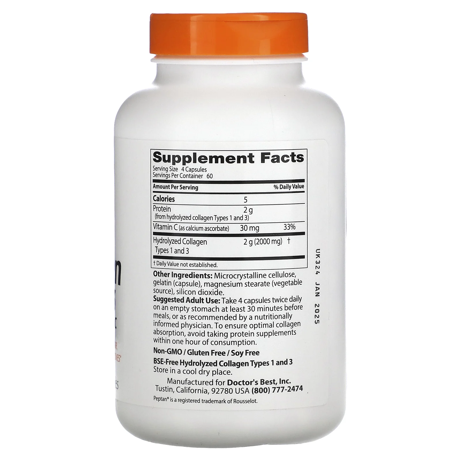 Doctor's Best, коллаген 1 и 3 типов с Peptan и витамином C, 500 мг, 240 капсул (125 мг в 1 капсуле)