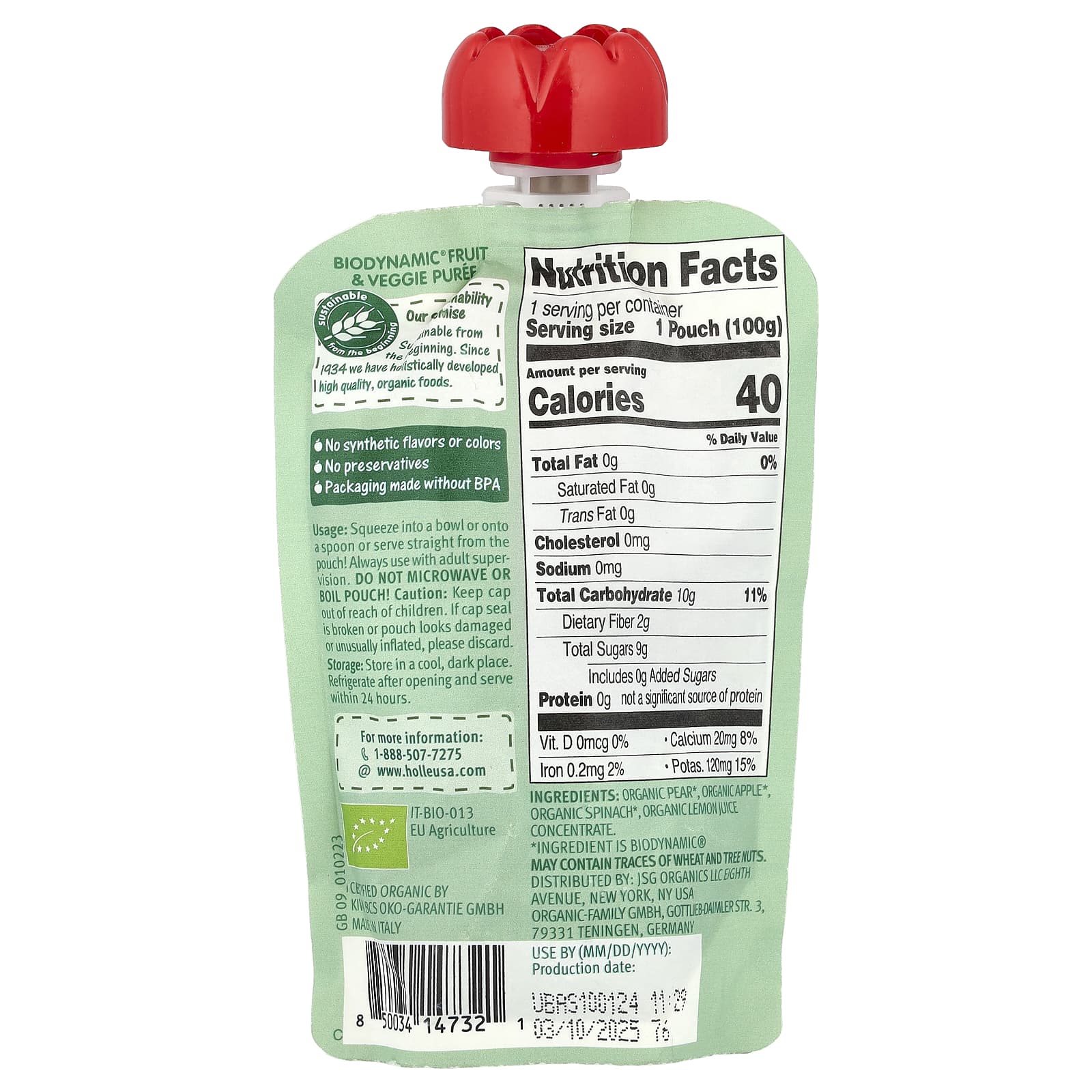 Holle, Органическое фруктовое и овощное пюре, Power Parrot, от 6 месяцев, груша и яблоко со шпинатом, 100 г (3,5 унции)