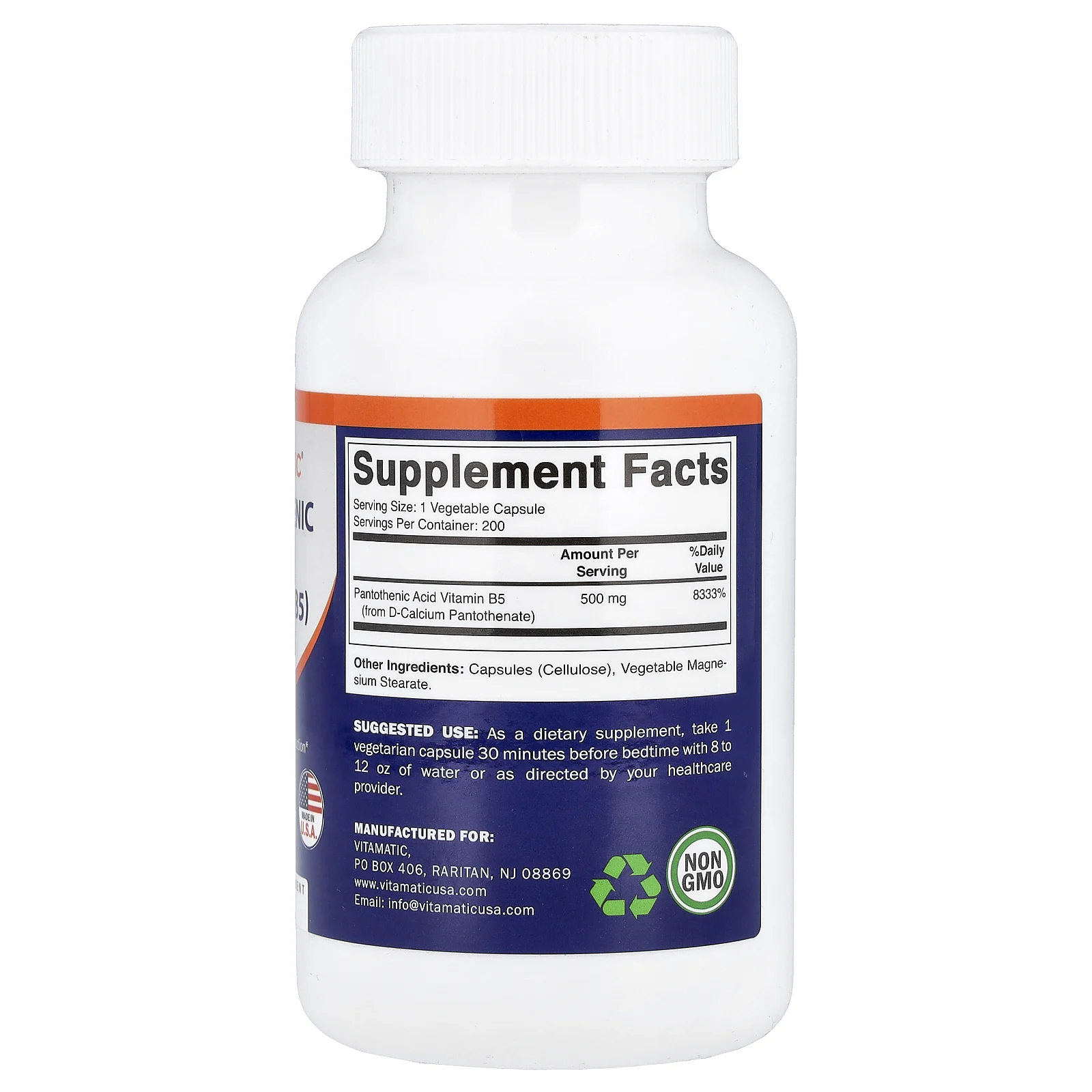 Vitamatic, пантотеновая кислота, 500 мг, 200 растительных капсул