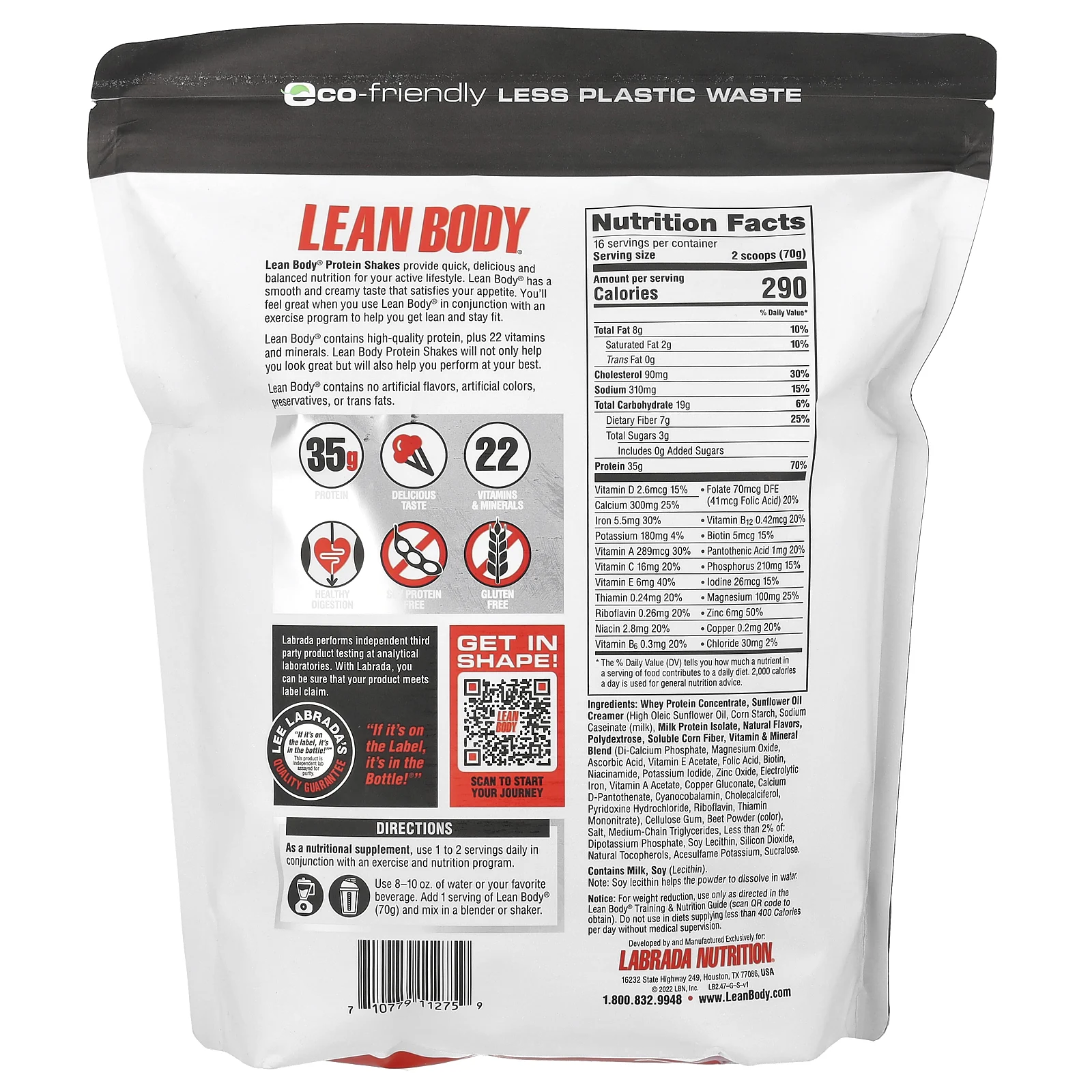 Labrada Nutrition, Lean Body, протеиновая смесь для приготовления коктейля, клубника, 1120 г (2,47 фунта)