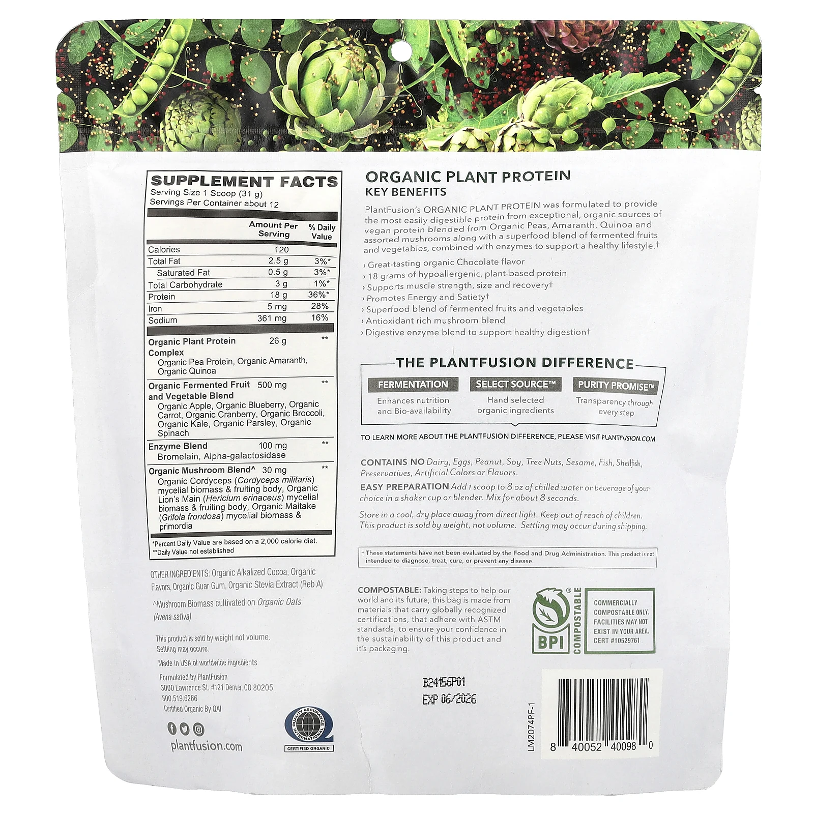 PlantFusion, Органический растительный протеин, насыщенный шоколад, 366 г (12,9 унции)