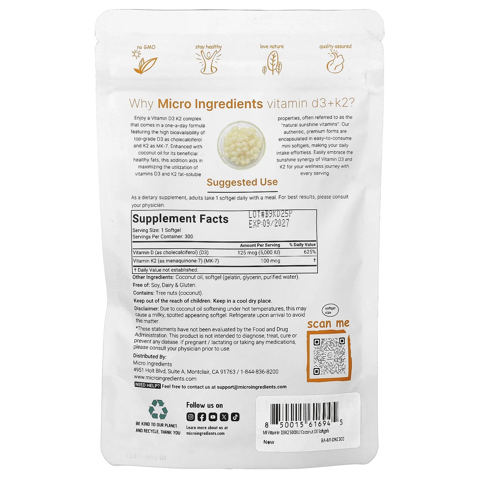 Micro Ingredients, витамины D3 и К2, 300 капсул