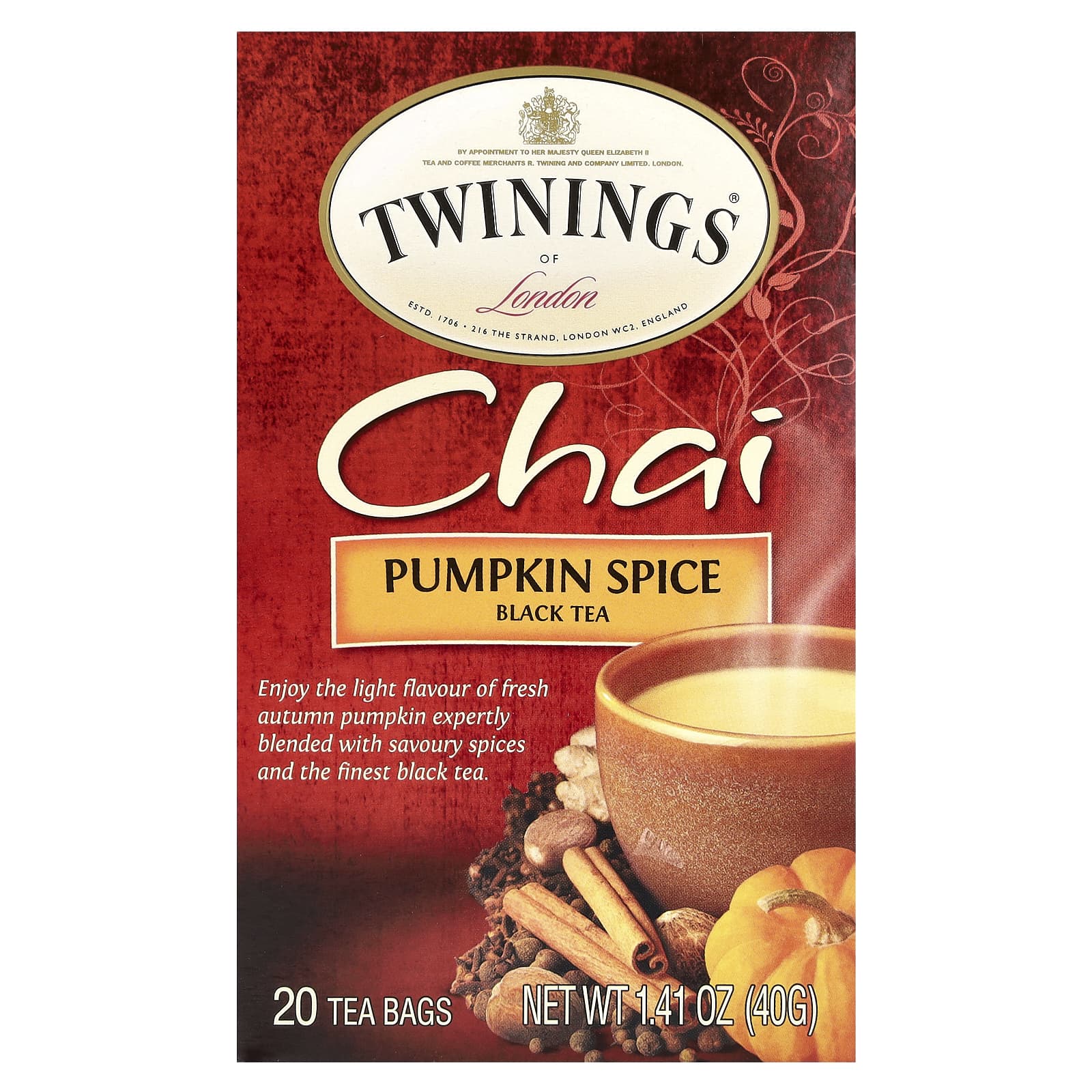 Twinings, Chai, чай со специями, пикантная тыква, 20 чайных пакетиков, 40 г (1,41 унции)