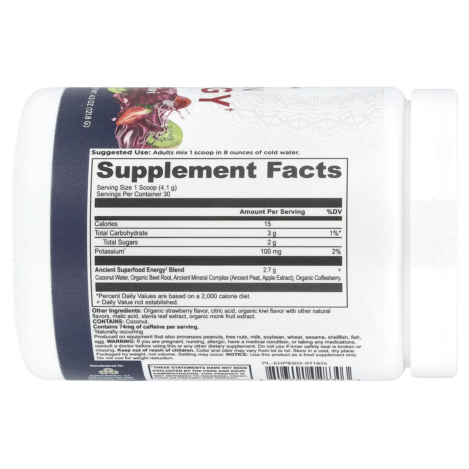 Ancient Nutrition, Clean Energy, клубника и киви, 121,8 г (4,3 унции)