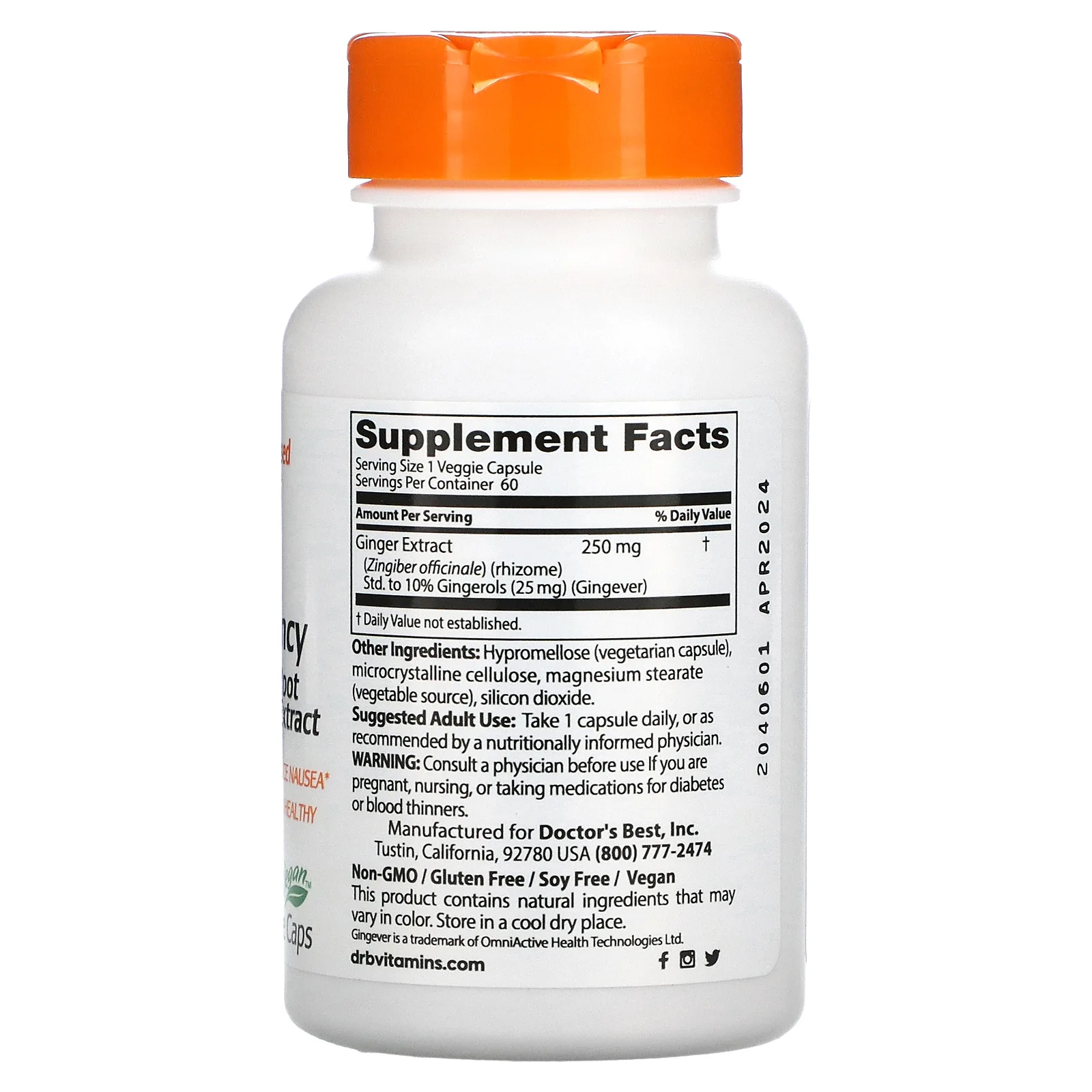 Doctor's Best, Высокоэффективный экстракт корня имбиря, 250 мг, 60 растительных капсул