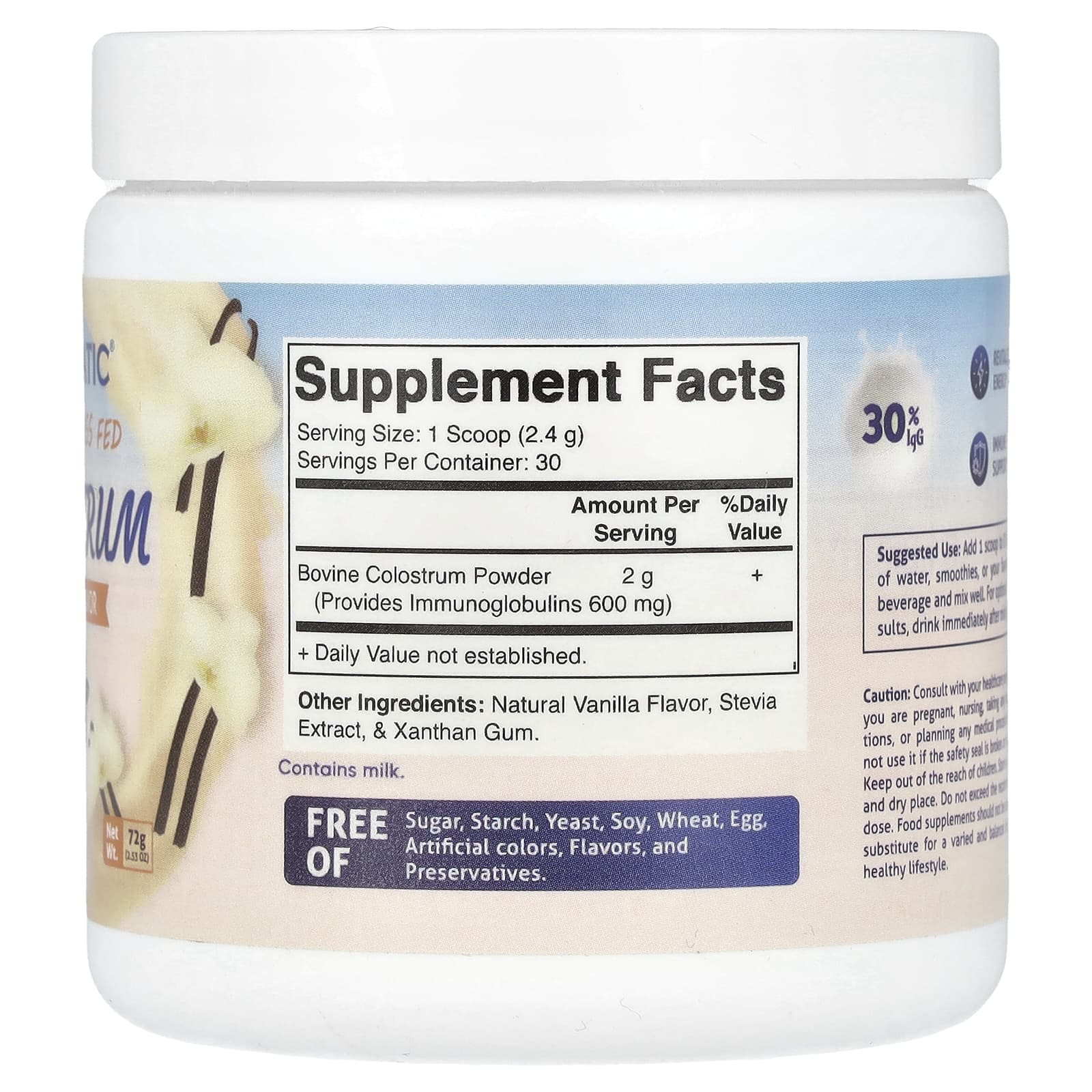 Vitamatic, Бычье молозиво, откормленное травой, ваниль, 72 г (2,53 унции)