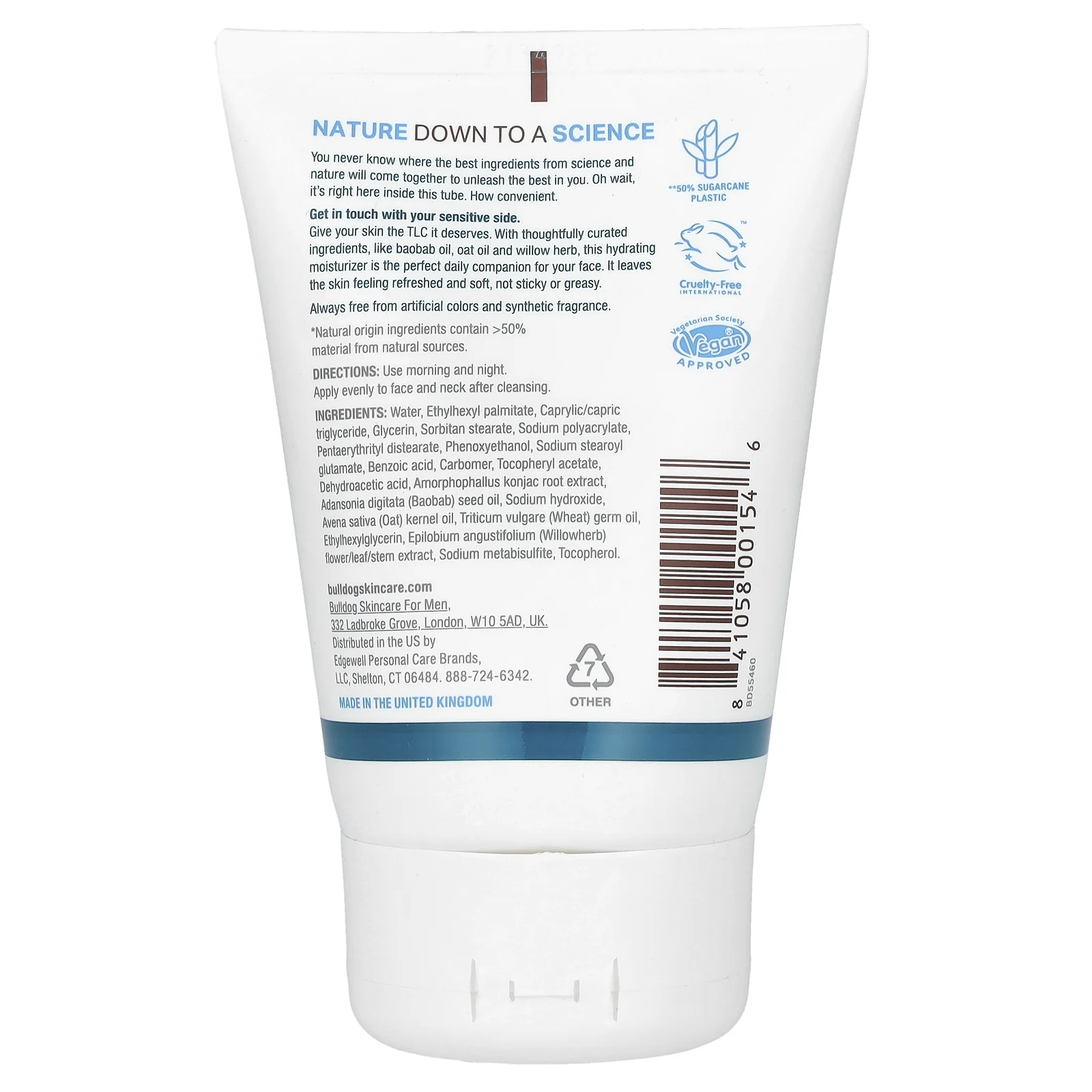 Bulldog Skincare For Men, увлажняющий крем для чувствительной кожи, без отдушки, 100 мл (3,3 жидк. унции)