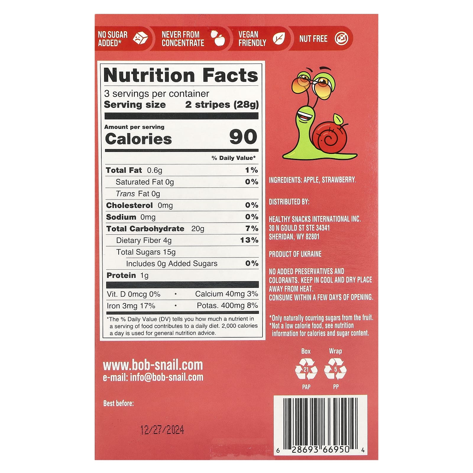 Bob Snail, фруктовая полоска, яблоко и клубника, 6 полосок по 14 г (0,49 унции)