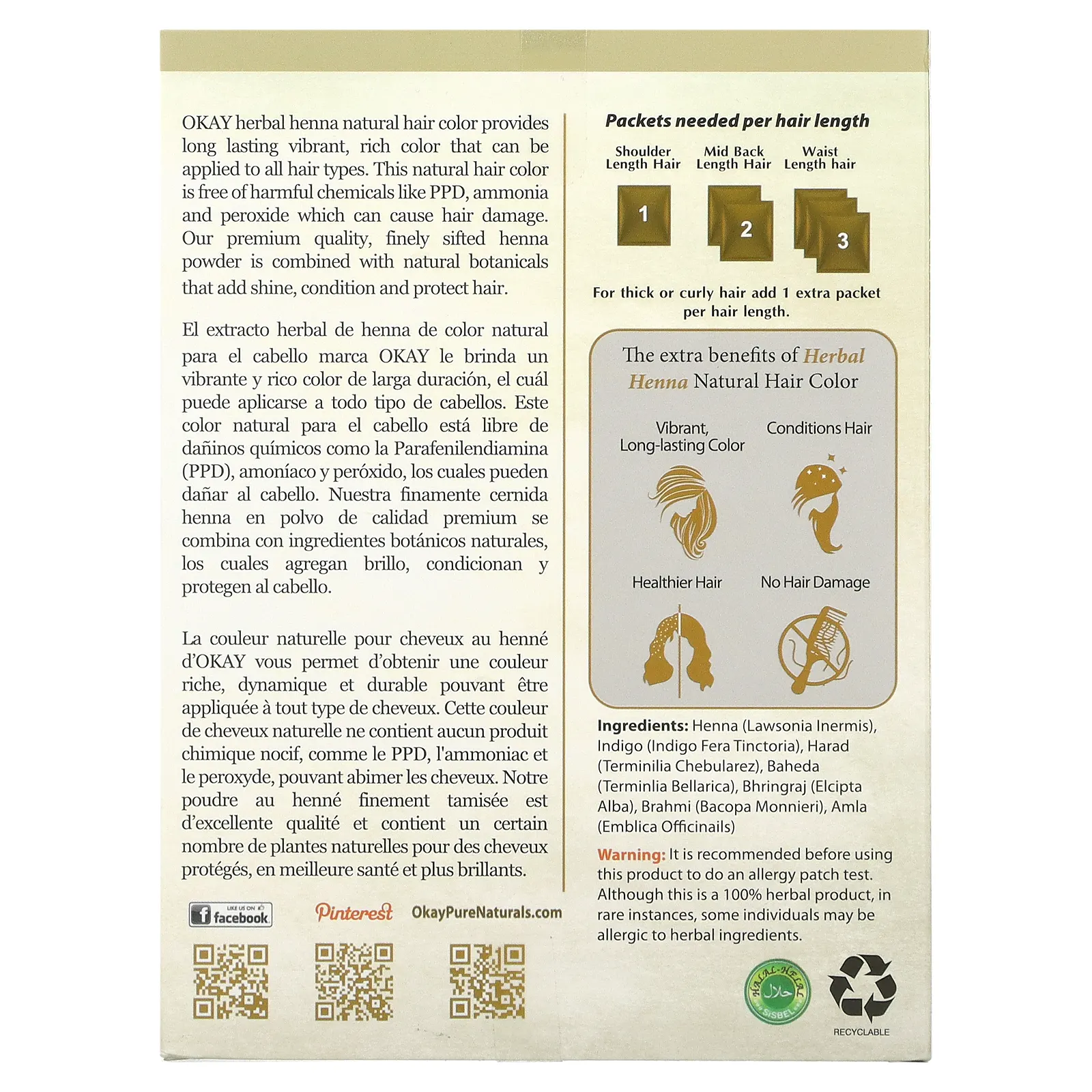 Okay Pure Naturals, Натуральная краска для волос из травяной хны, светло-коричневый, 56,7 г (2 унции)