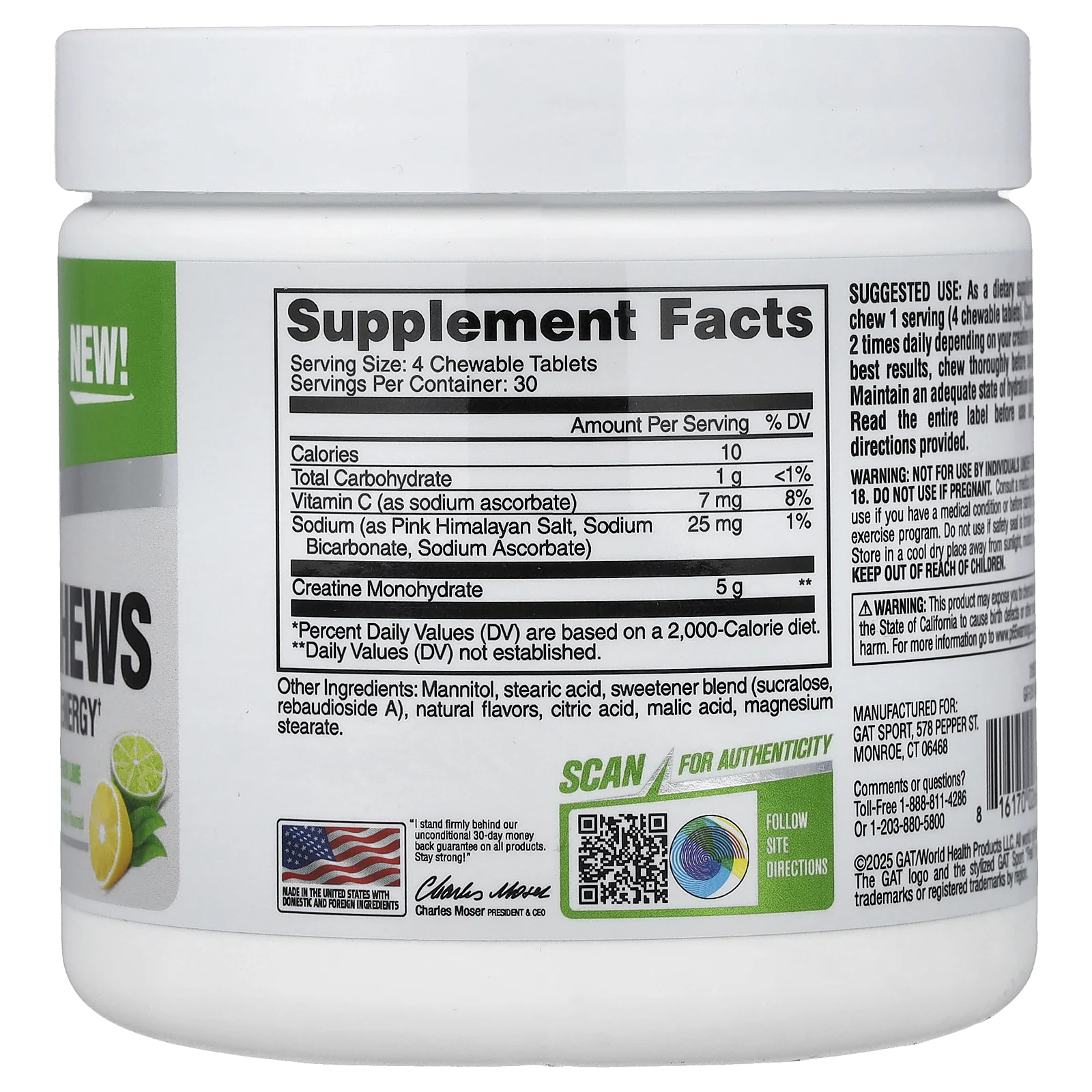 GAT, Sport, жевательная добавка с креатином, лимон и лайм, 120 жевательных таблеток