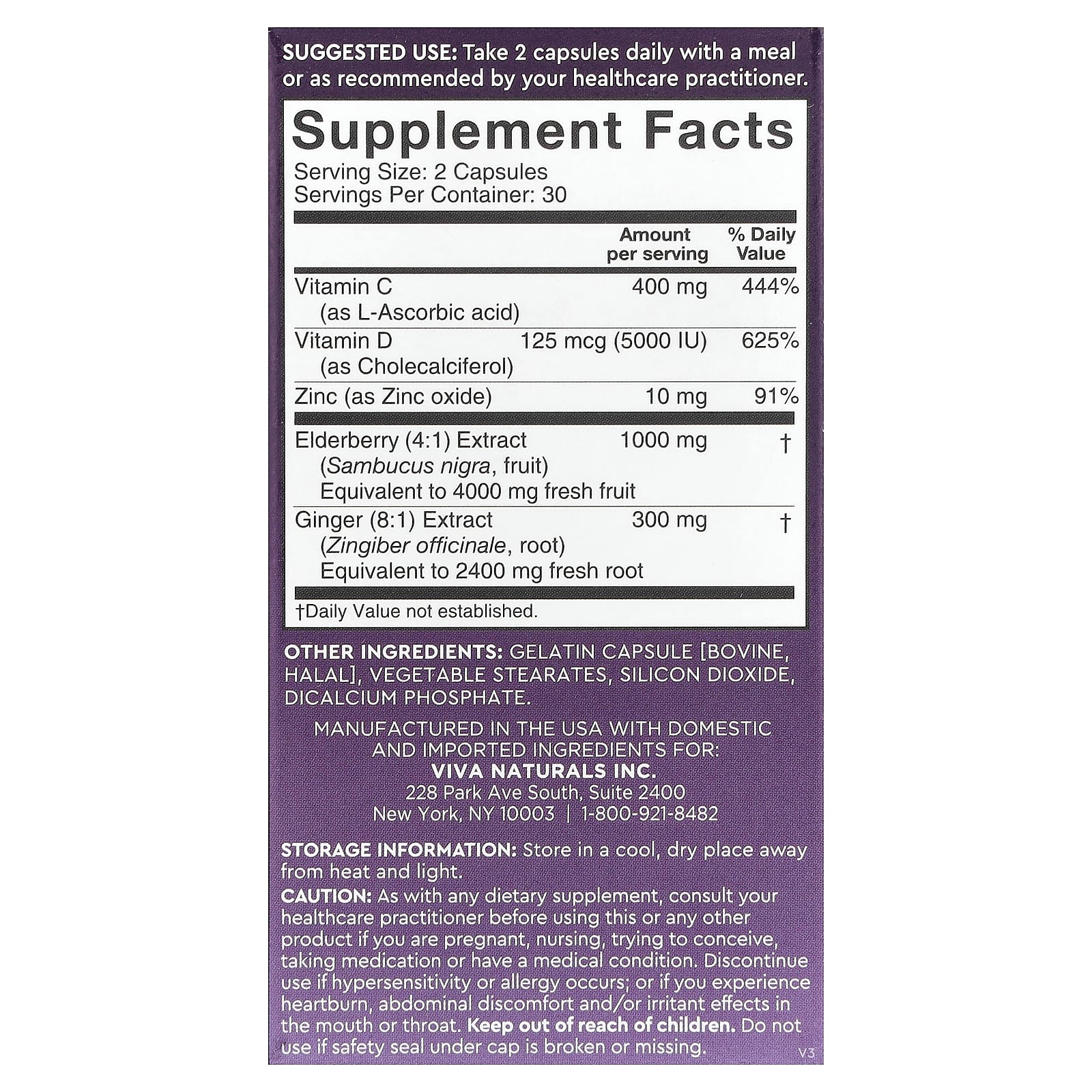 Viva Naturals, бузина, витамин C, цинк и имбирь, 60 капсул