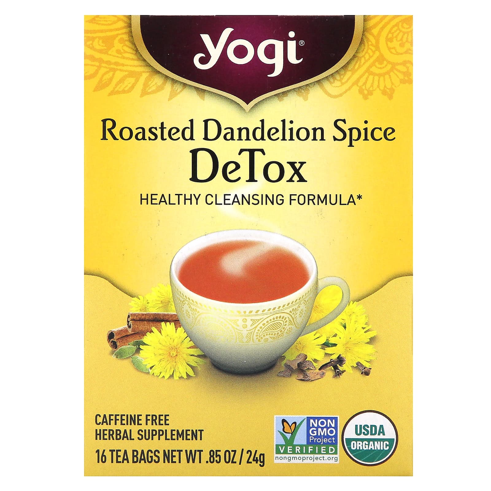 Yogi Tea, Detox, вкус жареного одуванчика и специй, без кофеина, 16 чайных пакетиков, 24 г (0,85 унции)