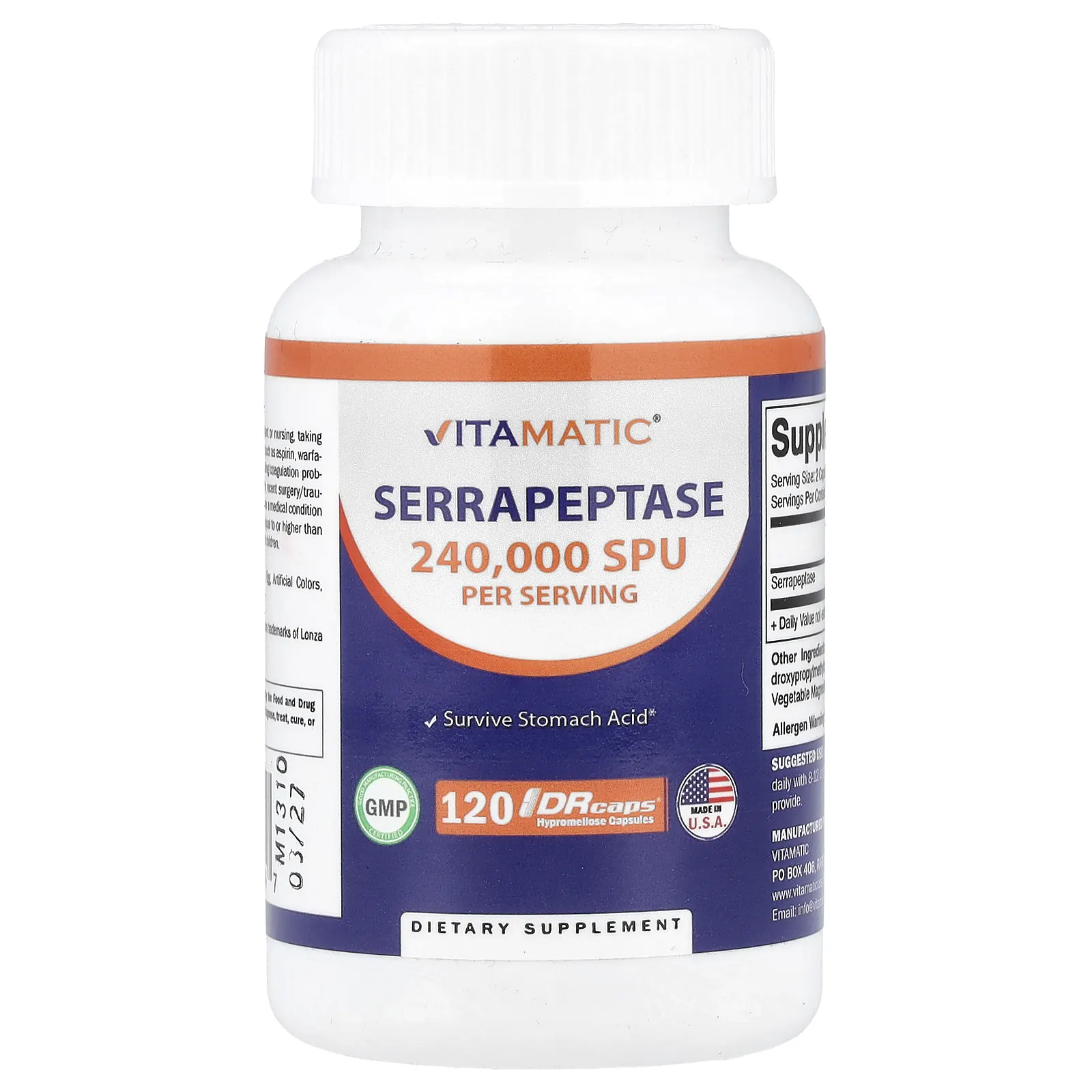 Vitamatic, Серрапептаза, 240 000 SPU, 120 капсул из гипромеллозы DRcaps® (120 000 SPU на капсулу)