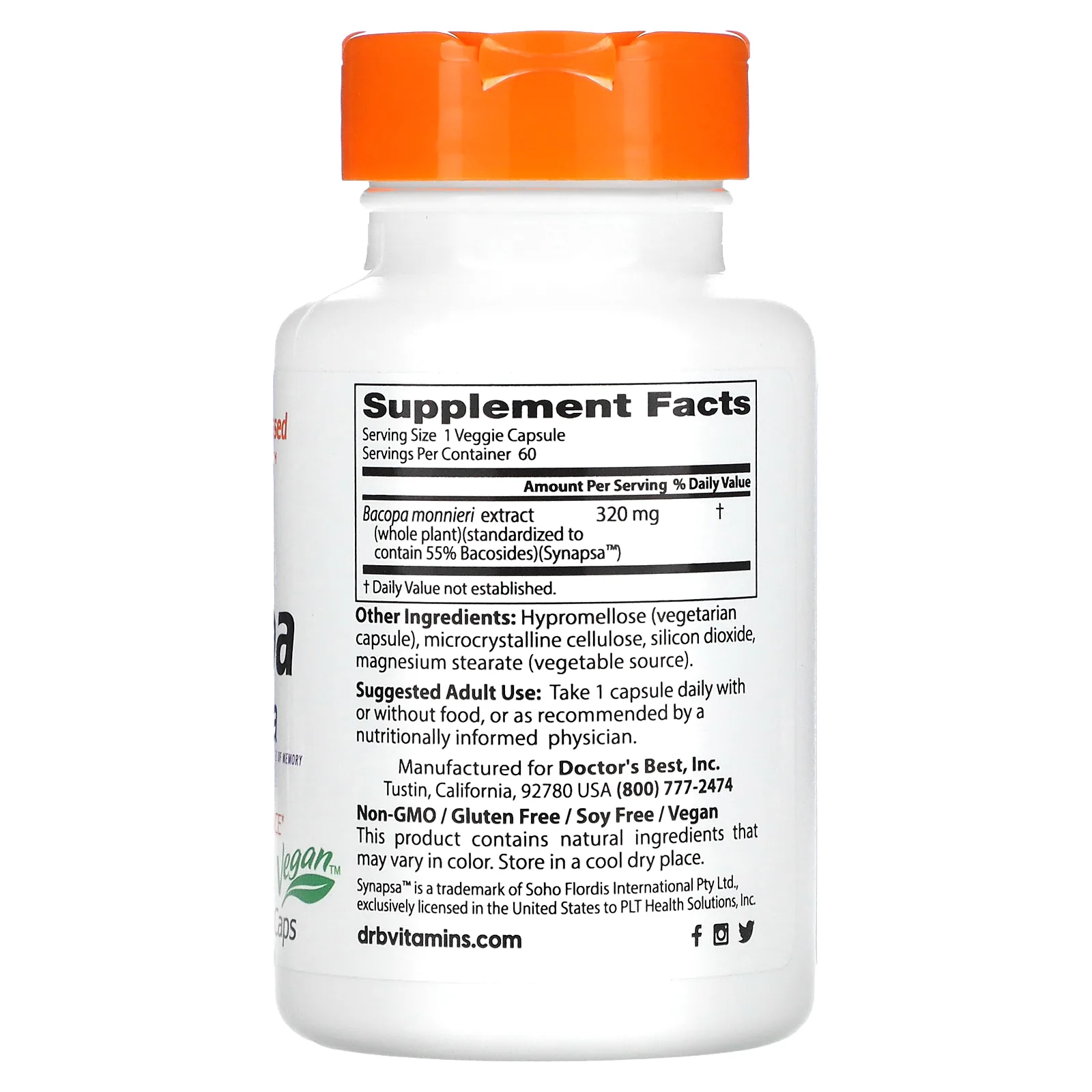 Doctor's Best, бакопа с Synapsa, 320 мг, 60 вегетарианских капсул