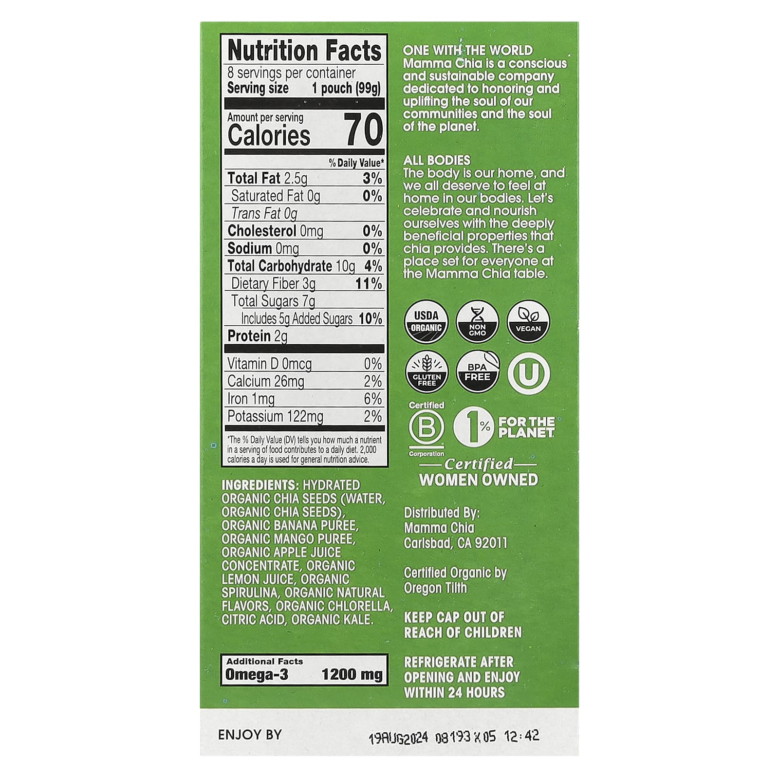 Mamma Chia, Organic Chia Squeeze, Vitality Snack, Green Magic, 8 порций, 99 г (3,5 унции)