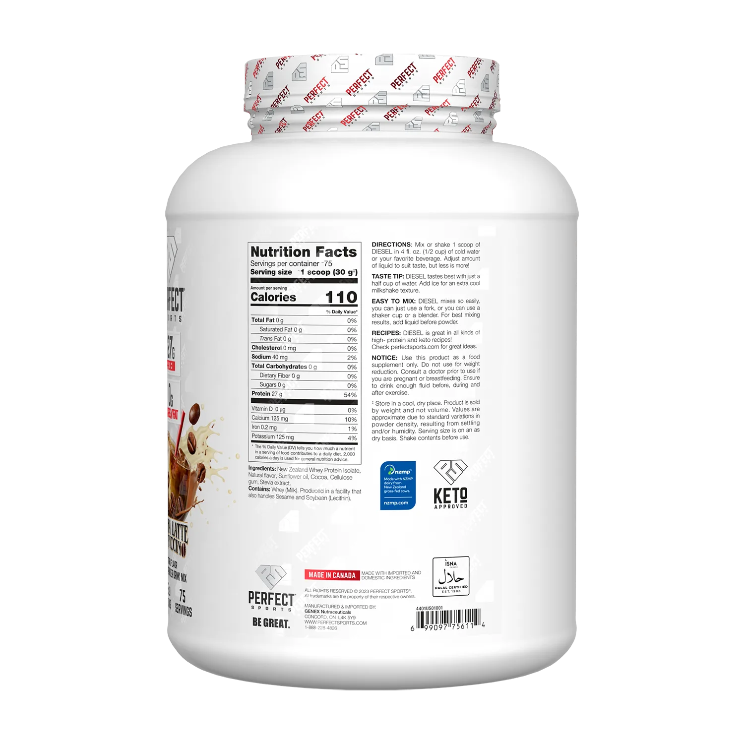 PERFECT Sports, Diet, новозеландский сывороточный изолят, со вкусом мокко латте и капучино, 2,27 кг (5 фунтов)