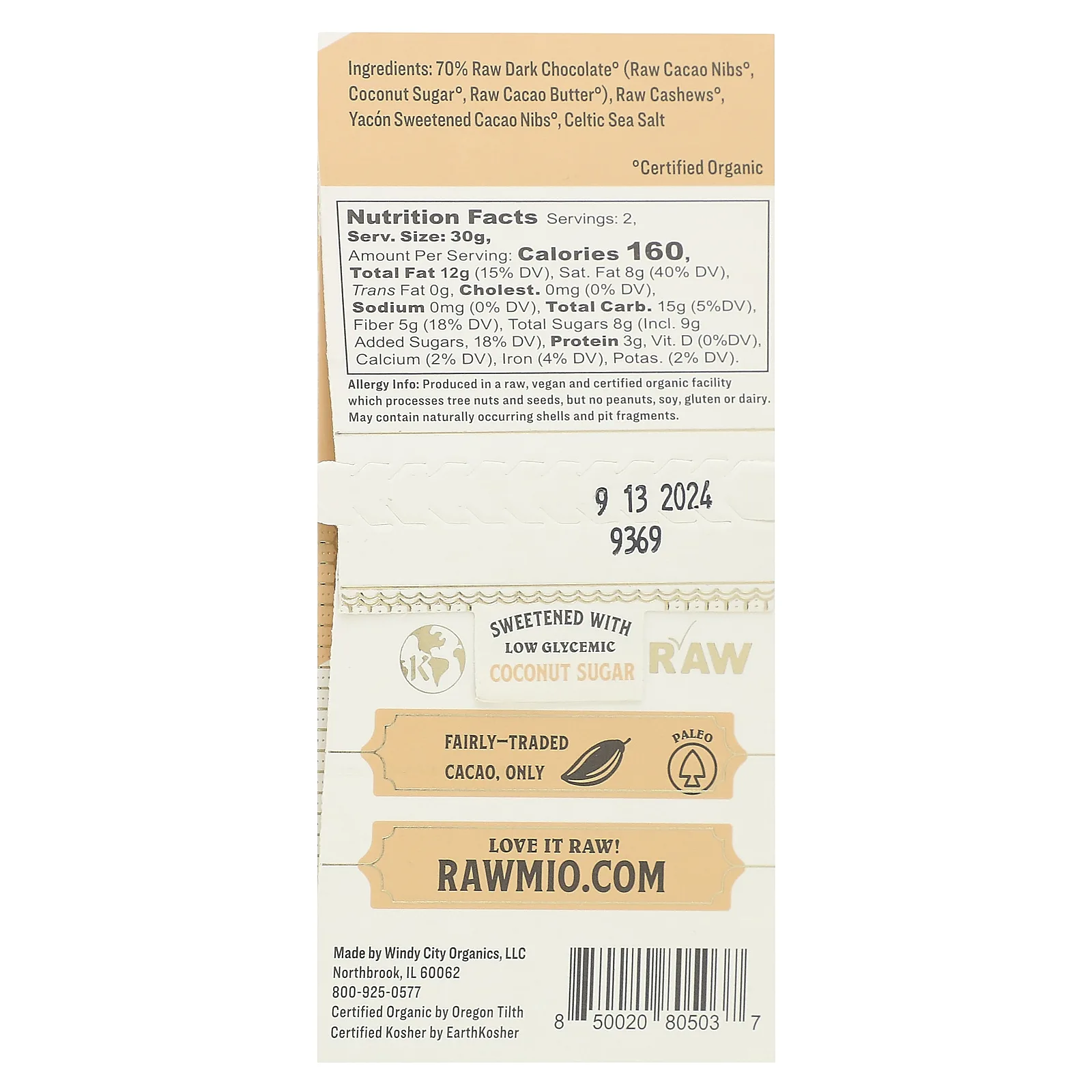 Rawmio, Каменный молотый необработанный шоколад, кокосовая карамель и кешью, 60 г (2,12 унции)