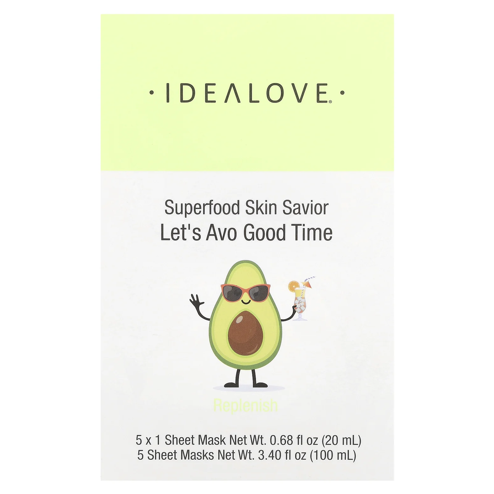 Idealove, Superfood Skin Savior, маска для лица с суперфудами, авокадо, 5 шт. по 20 мл (0,68 жидк. унции)