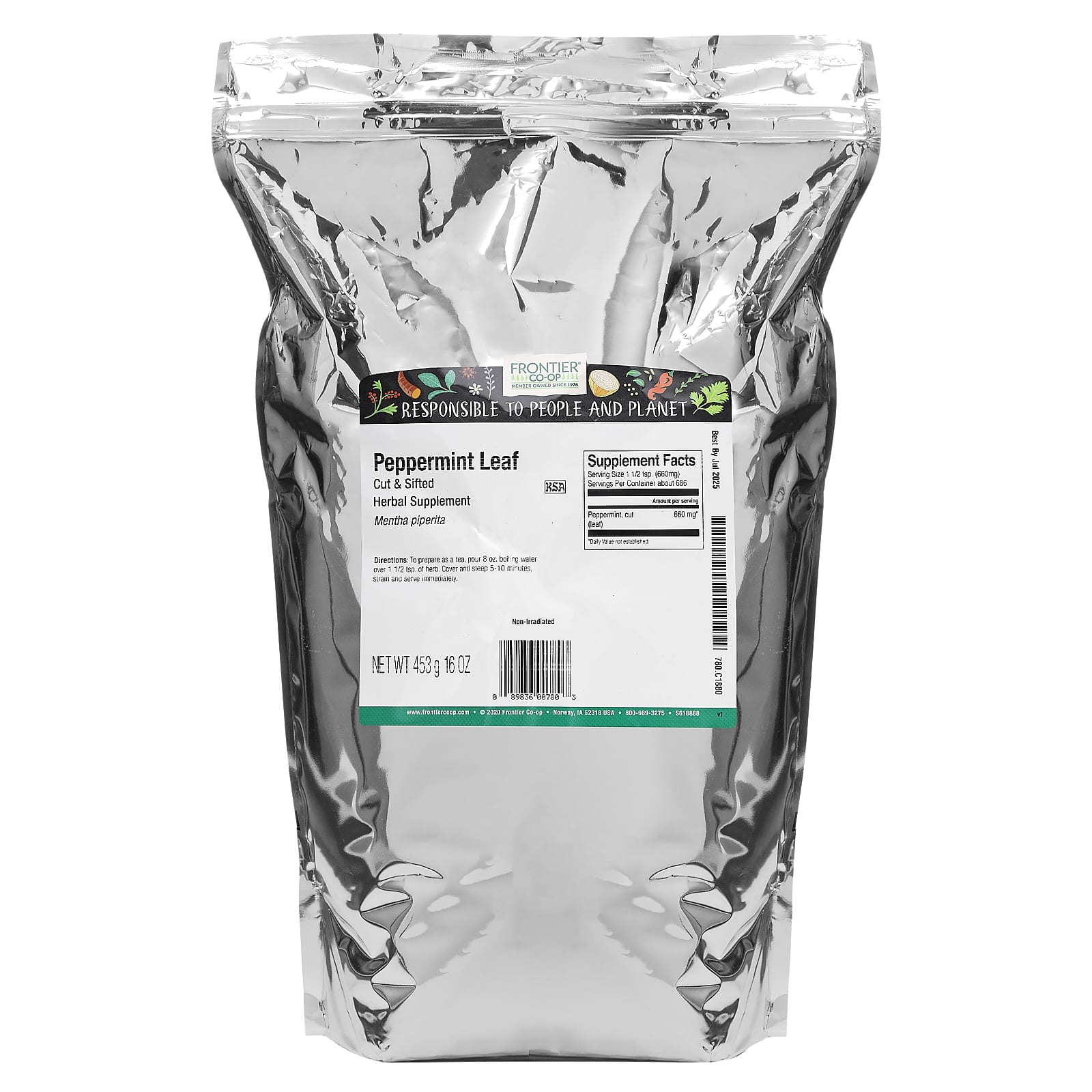 Frontier Co-op, Нарезанный и просеянный лист перечной мяты, 453 г (16 унций)