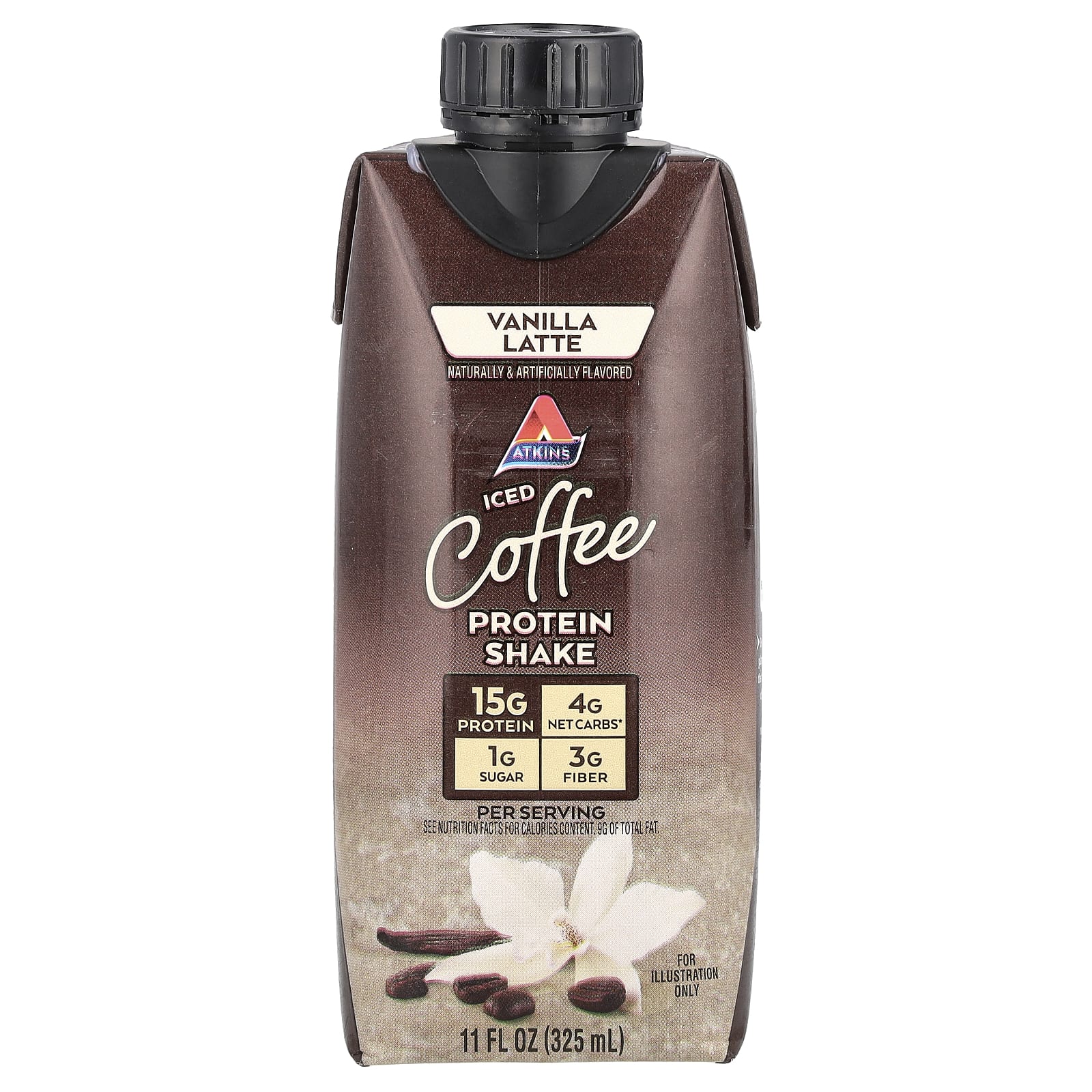 Atkins, Кофейный протеиновый коктейль со льдом, ванильный латте, 4 коктейля, 325 мл (11 жидк. унц.)