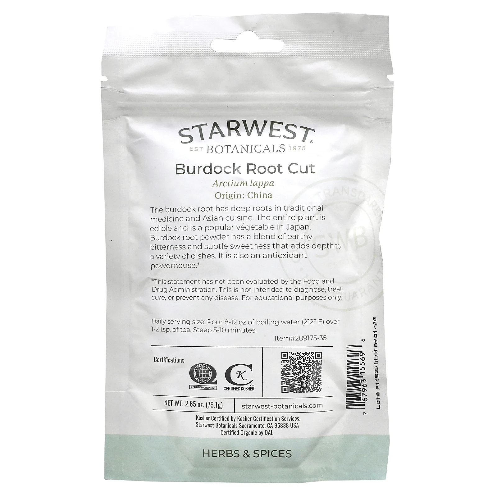 Starwest Botanicals, Органические отрезки корня лопуха, 75,1 г (2,65 унции)