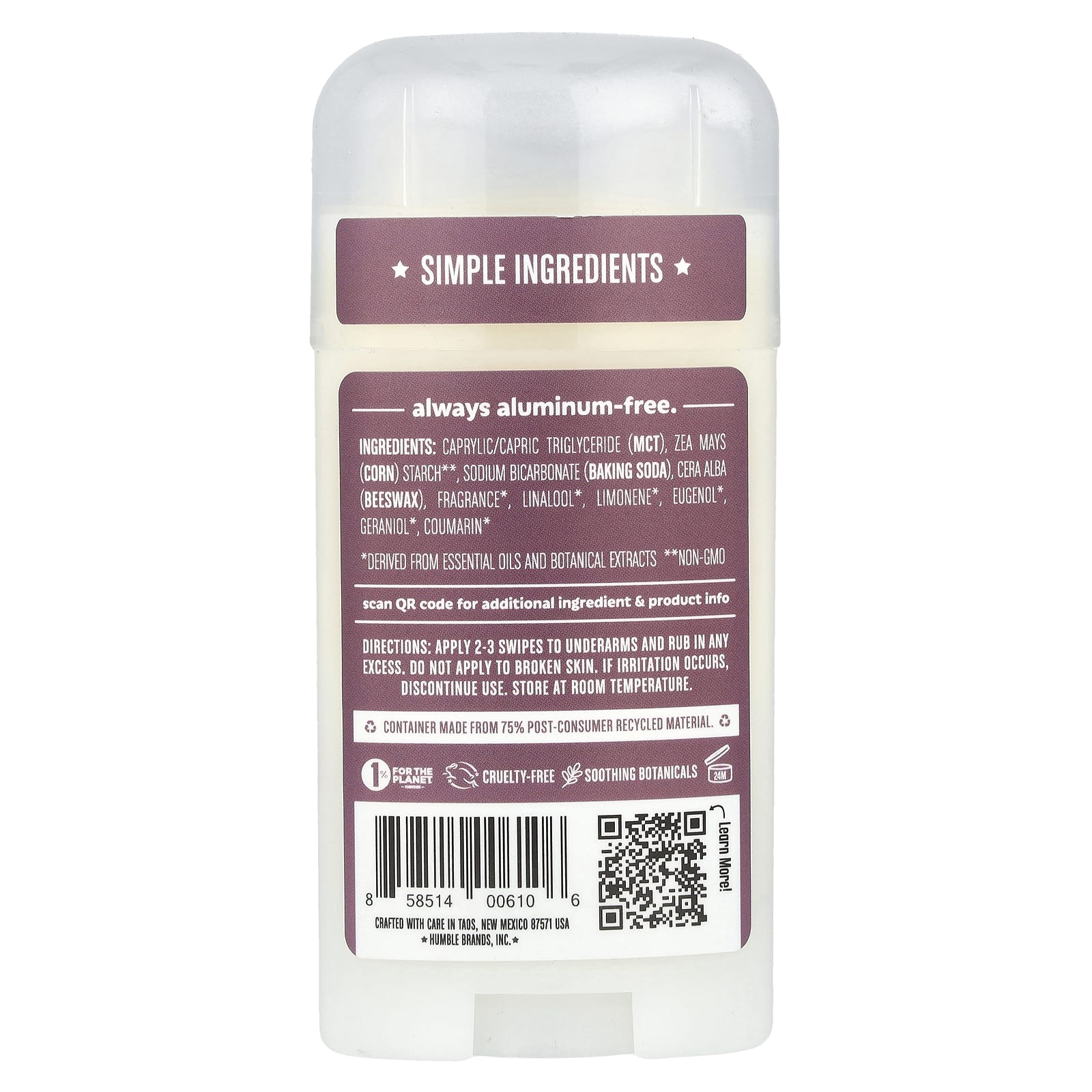 Humble Brands, Дезодорант без алюминия, лаванда и базилик, 70 г (2,5 унции)