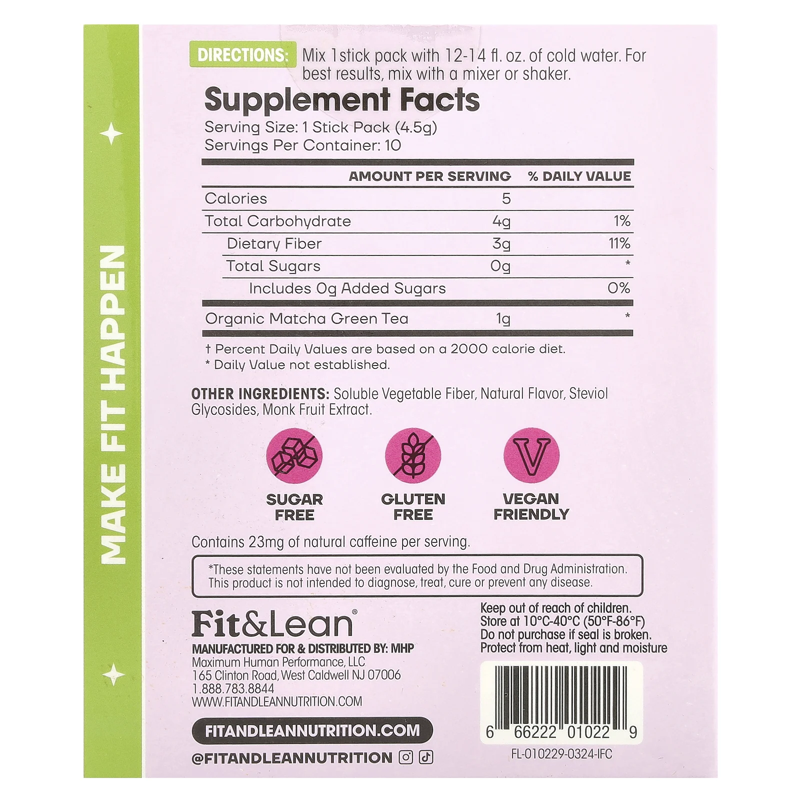 Fit & Lean, Чай со льдом Matcha Amore, малиновый чай, 10 пакетиков в стиках по 4,5 г (0,16 унции)