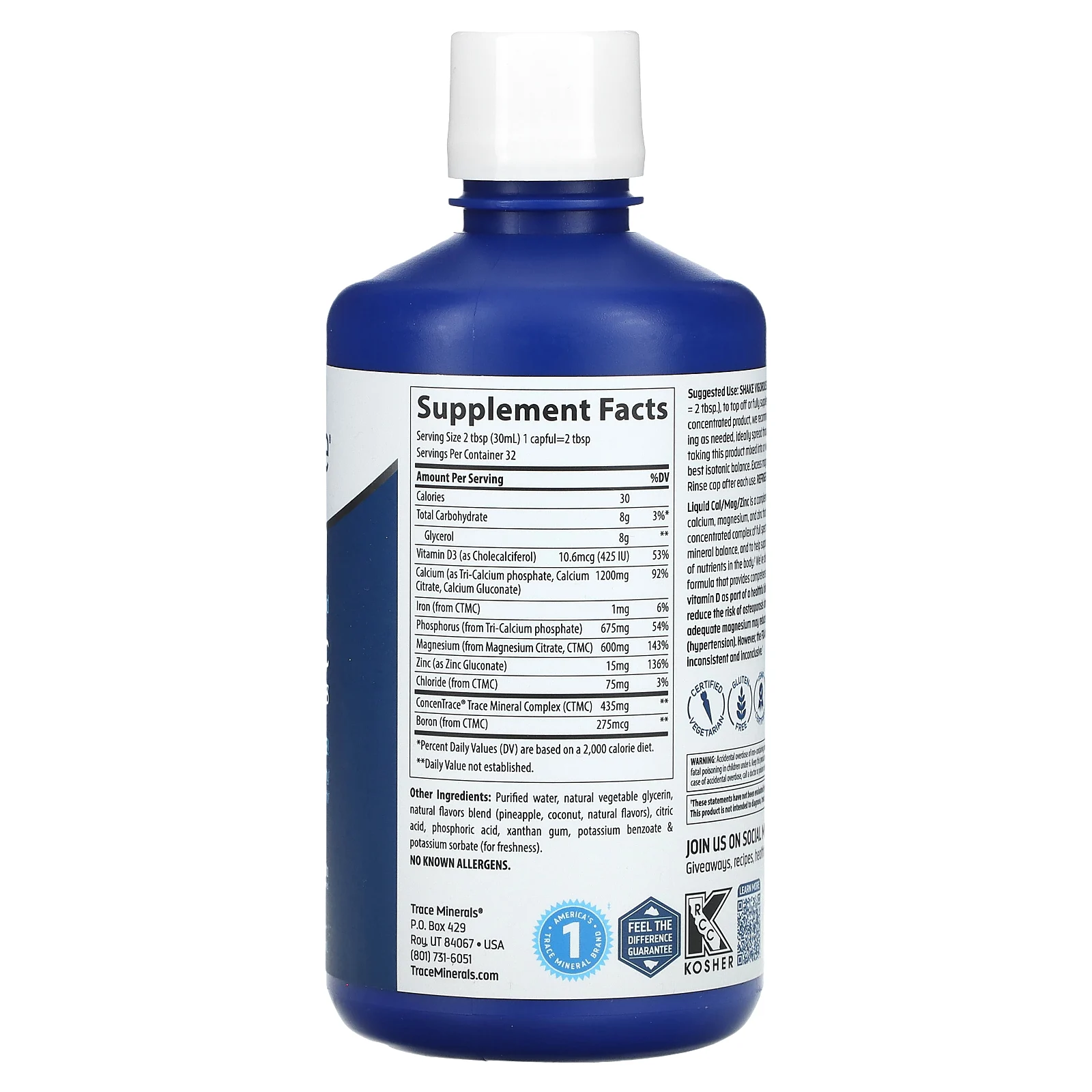 Trace Minerals ®, жидкий кальций, магний, цинк и витамин D3, «Пина колада», 946 мл (32 жидк. унции)