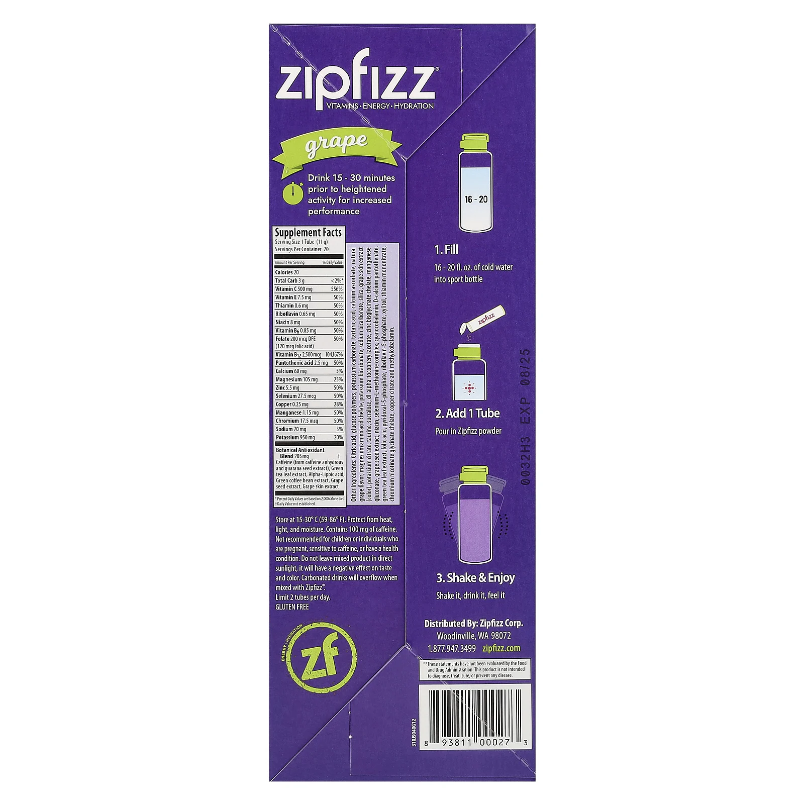 Zipfizz, Энергетическая смесь для здорового спорта с витамином B12, виноград, 20 тюбиков по 11 г (0,39 унции)