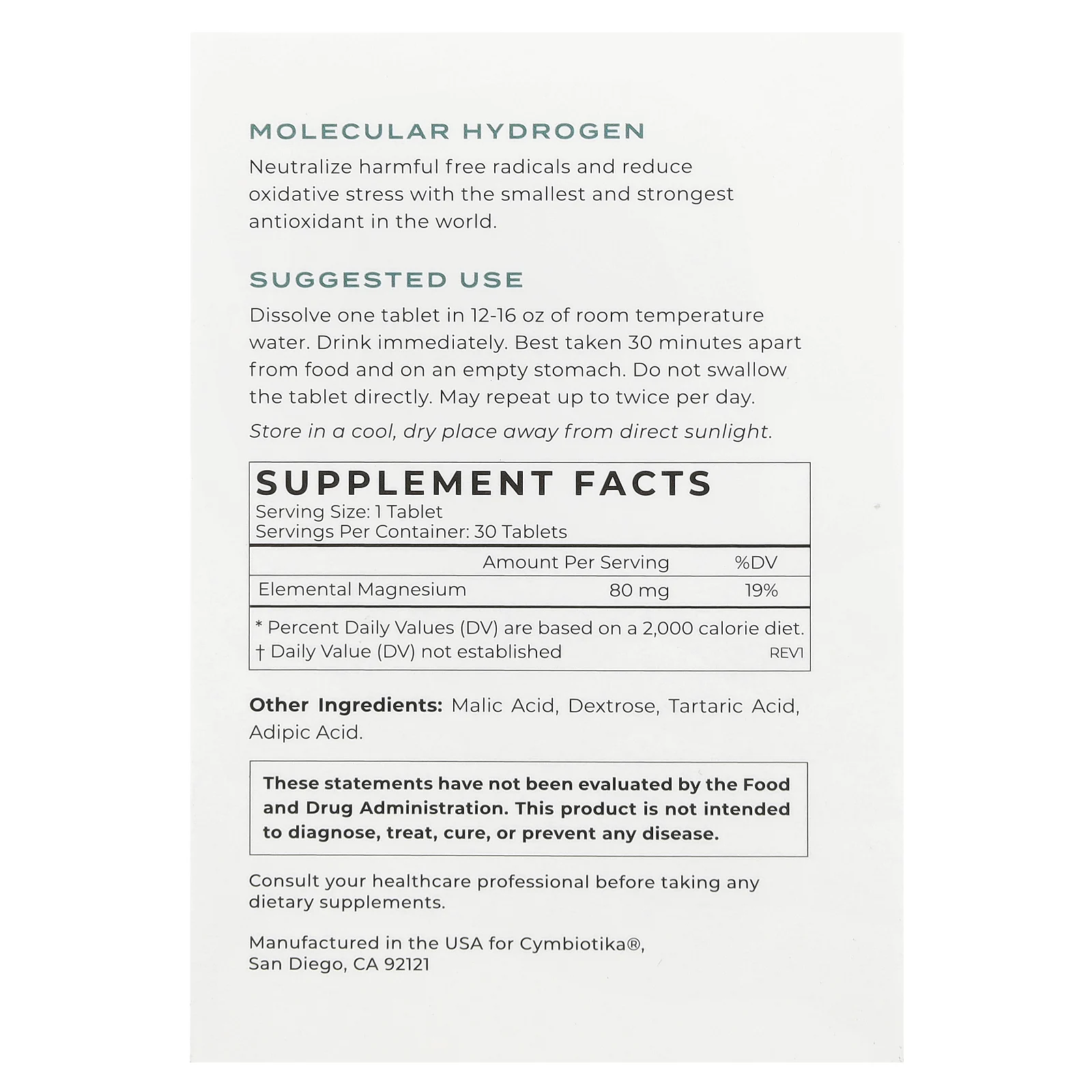 Cymbiotika, Molecular Hydrogen, 30 шипучих таблеток