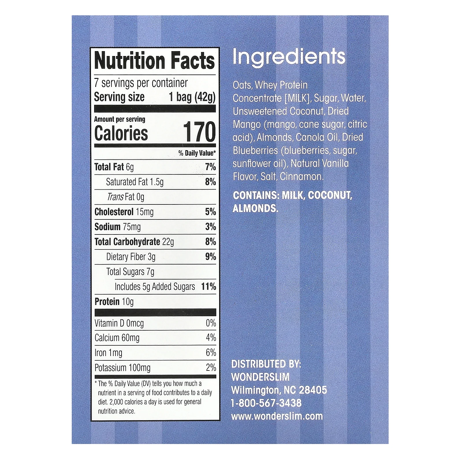 WonderSlim, протеиновая смесь для гранолы, голубика и манго, 7 пакетиков по 42 г (1,5 унции)