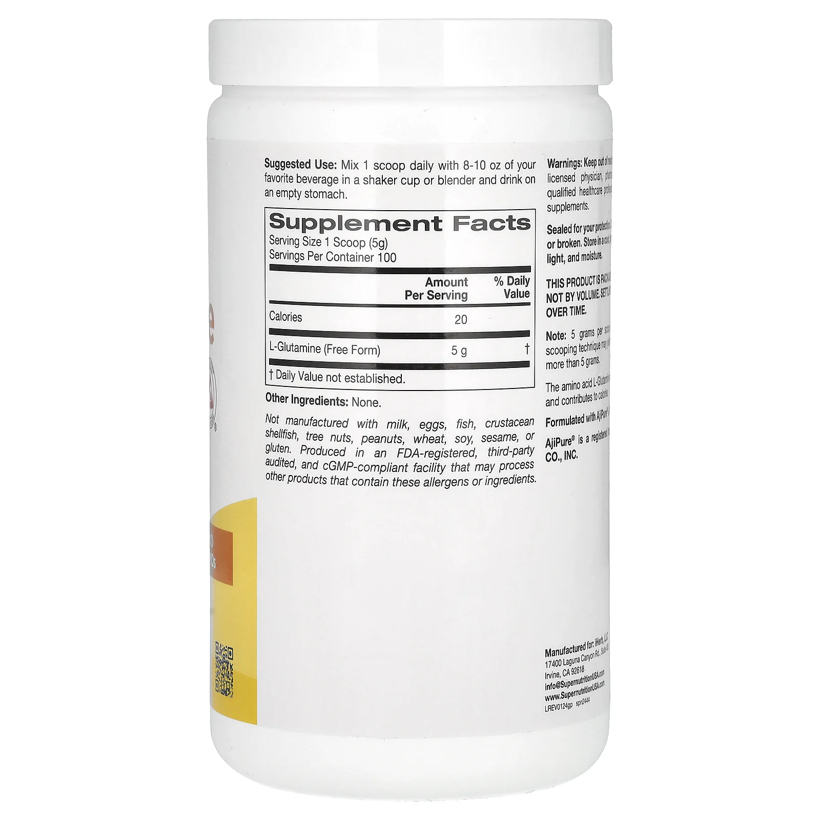 Super Nutrition, L-глютамин, без вкусовых добавок, 500 г (17,6 унции)