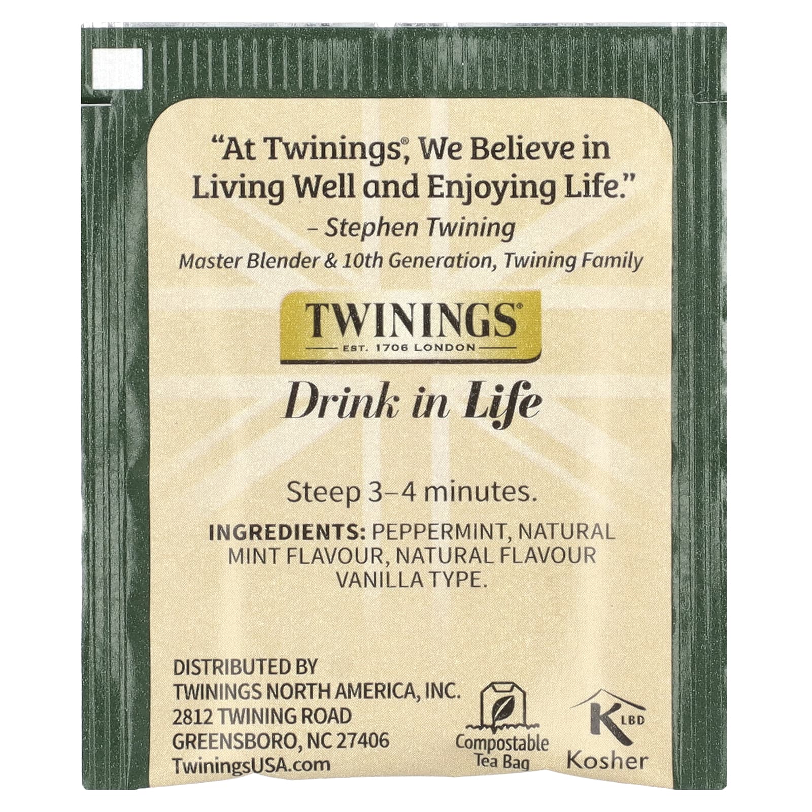 Twinings, Ароматизированный травяной чай, перечная мята и сливочная ваниль, без кофеина, 20 чайных пакетиков, 40 г (1,41 унции)