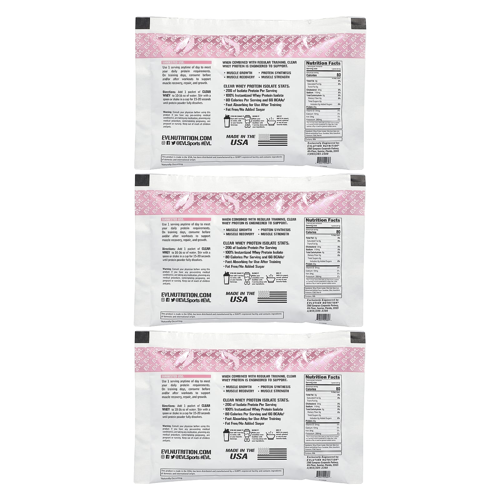 EVLution Nutrition, Clear Whey, 100% изолят сывороточного протеина, розовый лимонад, 3 пакетика по 25,7 г (0,91 унции)