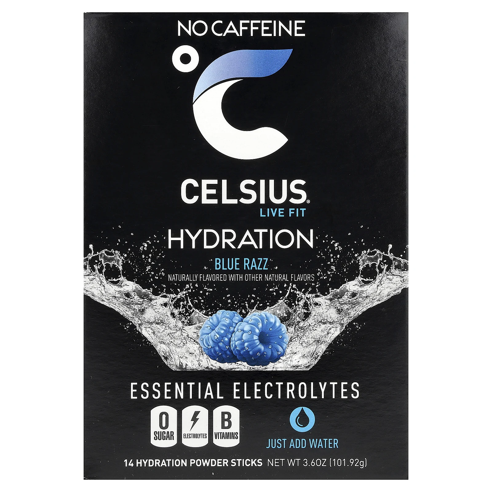 Celsius, Live Fit, увлажнение, незаменимые электролиты, без кофеина, синяя роза, 14 стиков в виде порошка для увлажнения, по 7,28 г (0,26 унции)