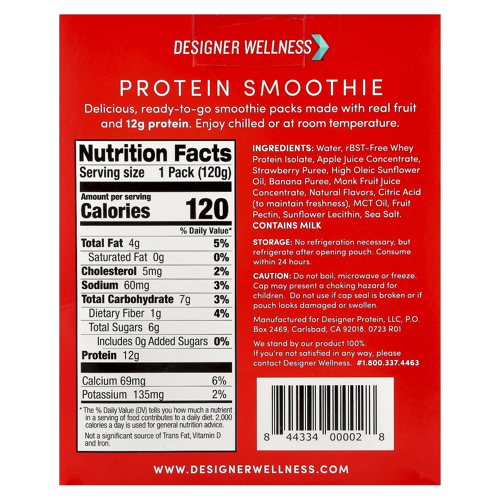 Designer Wellness, Протеиновый смузи, клубника и банан, 4 пакетика по 120 г (4,2 унции)