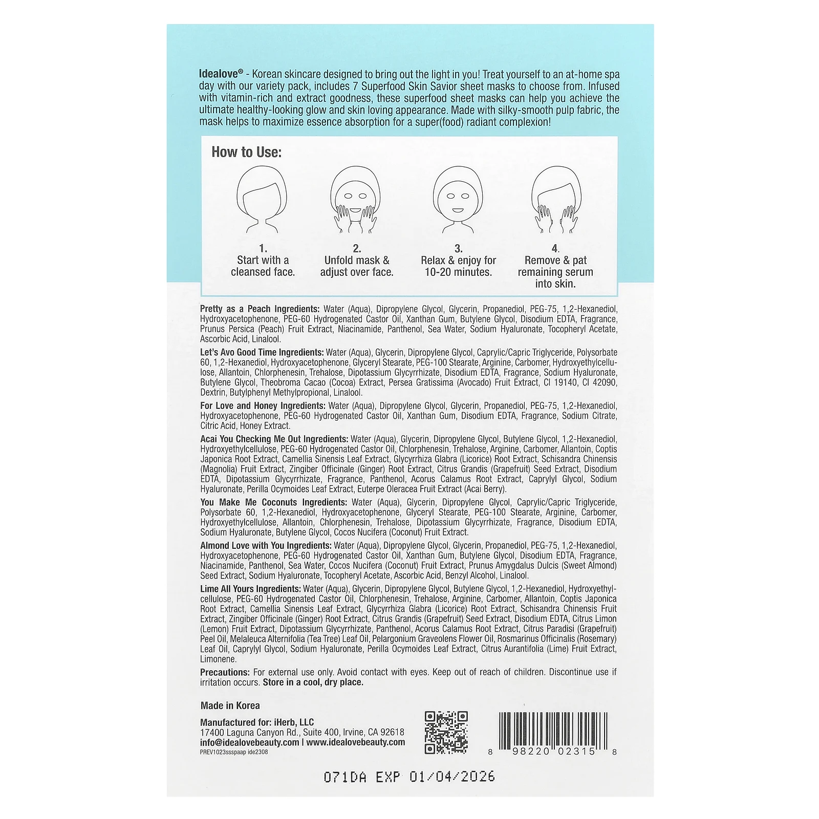 Idealove, Тканевые маски Superfood Skin Savior, разнообразные, 7 салфеток, 20 мл (0,68 жидк. Унции)