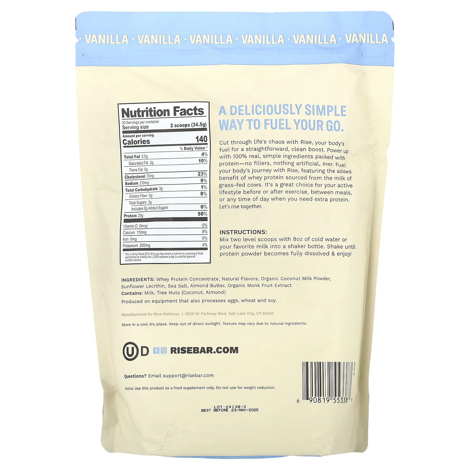 Rise Bar, Порошок из сывороточного протеина, ваниль, 1 кг (2,3 фунта)