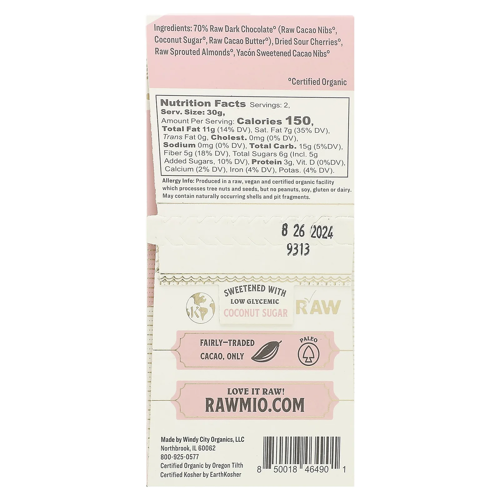 Rawmio, Каменный необработанный шоколад, вишня и миндаль, 60 г (2,12 унции)