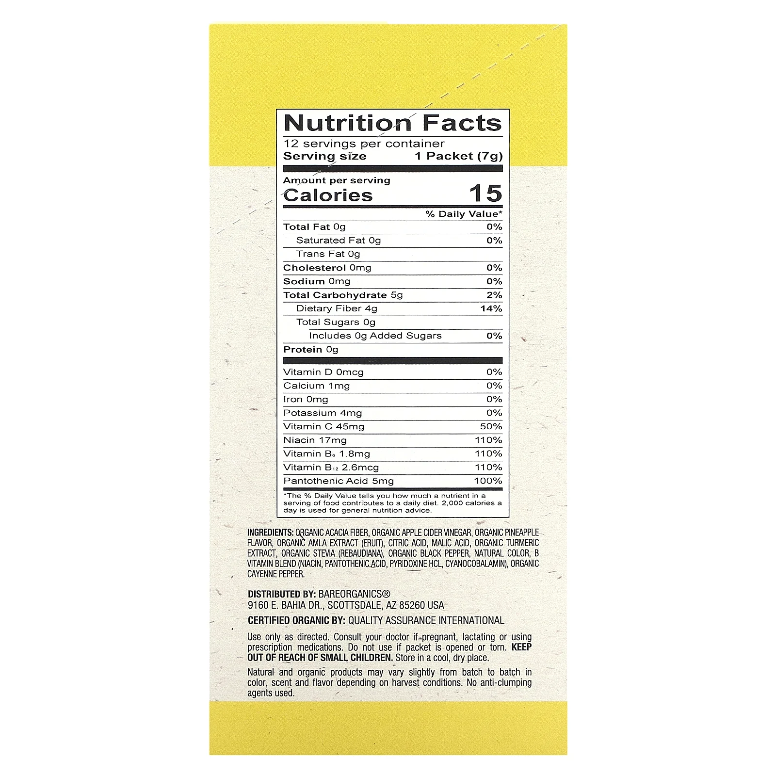 BareOrganics, Метаболизм, суперпродукты, улучшающие содержание воды, органический ананас, 12 пакетиков в виде стиков по 7 г (0,25 унции)