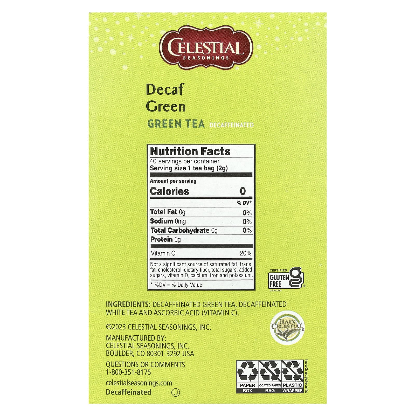 Celestial Seasonings, Зеленый чай, без кофеина, 40 чайных пакетиков, 74 г (2,6 унции)